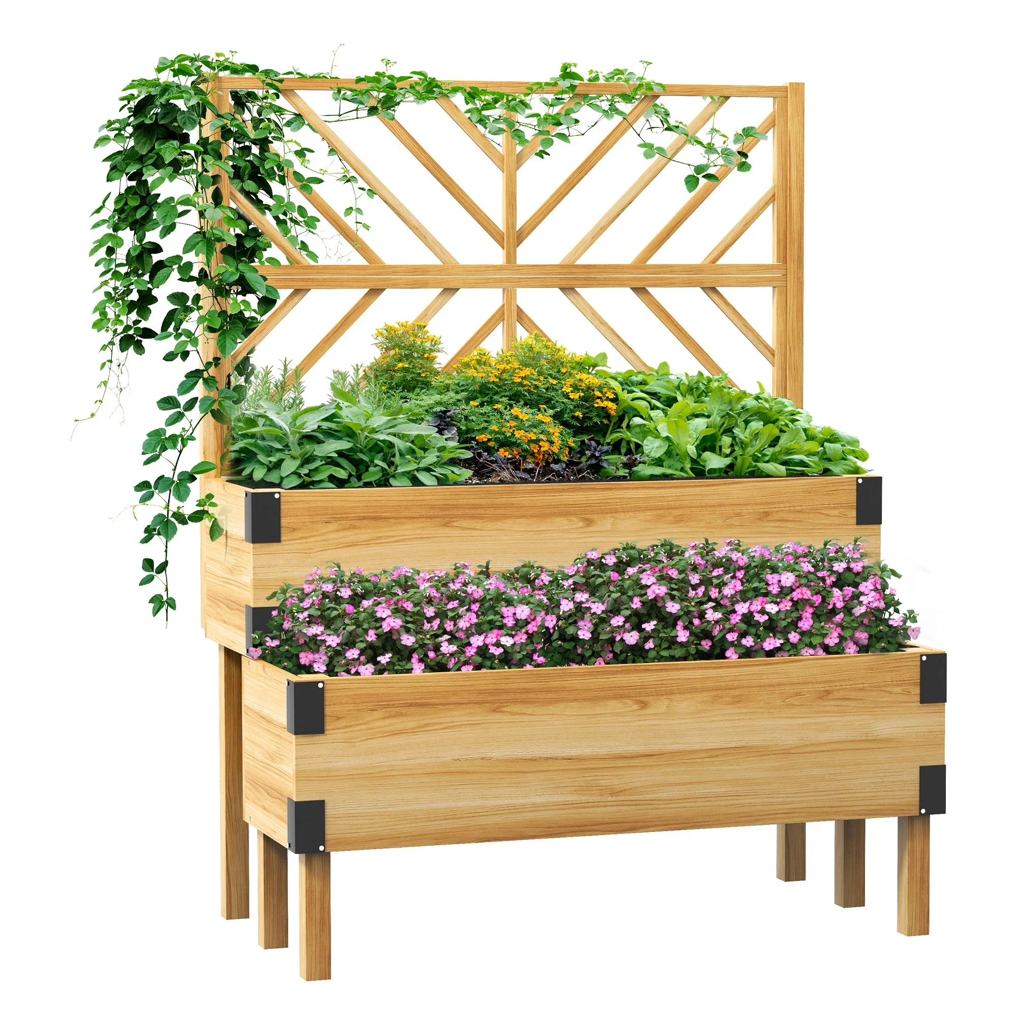 Outsunny 2 Tier Trellis Planter, 47.2�?x 15.7�?x 31.5�? Natural, Wood Garden Planter Box