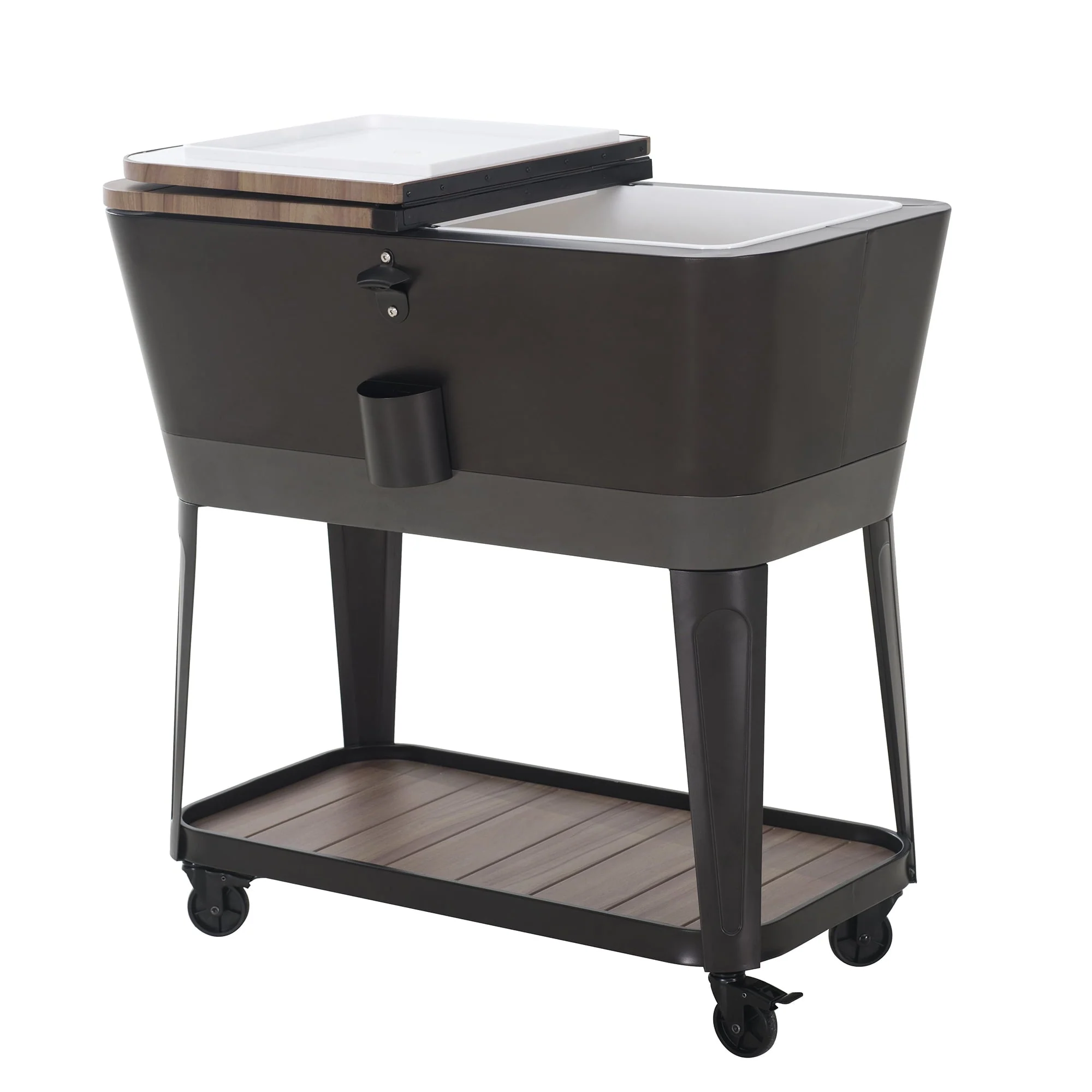 Sunjoy 80 Quart Wood Grain Finish Metal Rolling Ice Chest Cooler Cart with Storage Shelf, Steel Bottle Opener, and Lockable Wheels, Bronze(Bronze) Image 3