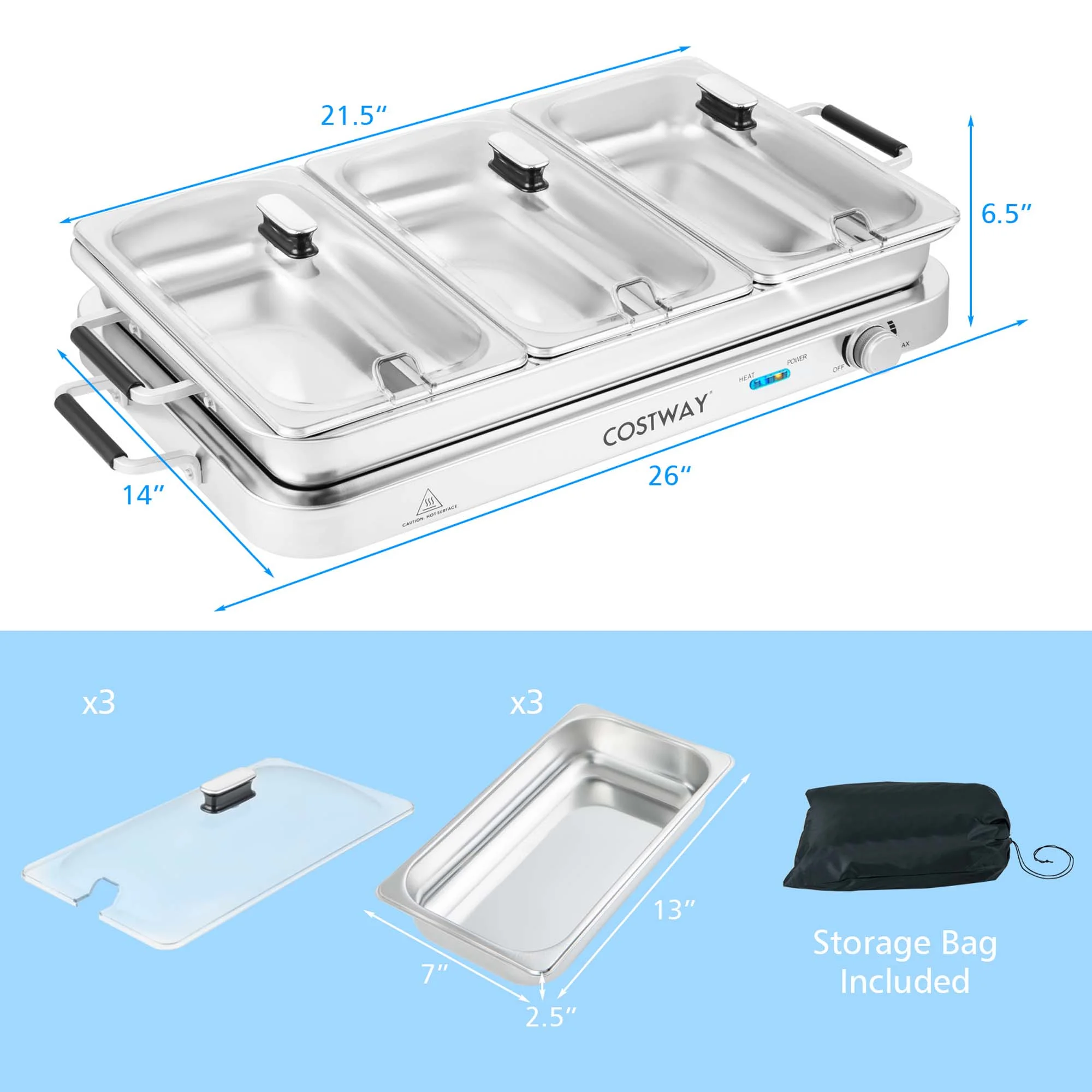 Food Warmer Buffet Server 450W Stainless Steel Electric Warming Tray for Parties - Image 3