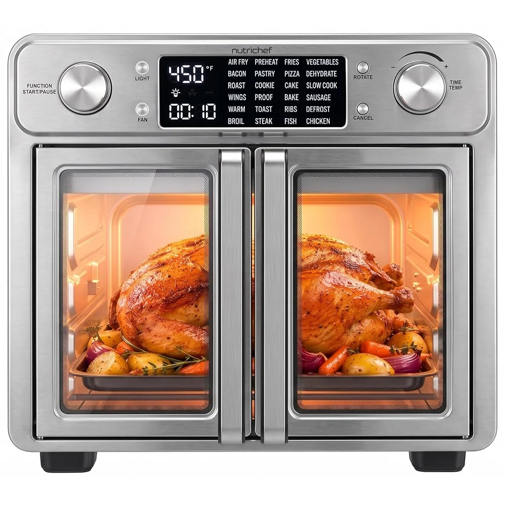 NutriChef 26 Quart Air Fryer Oven | French Door Toaster Oven for Families | Includes 24 Preset Cook Modes, Rotisserie Function, Adjustable Temperature to 450F & 24 Hour Timer | Stainless Steel