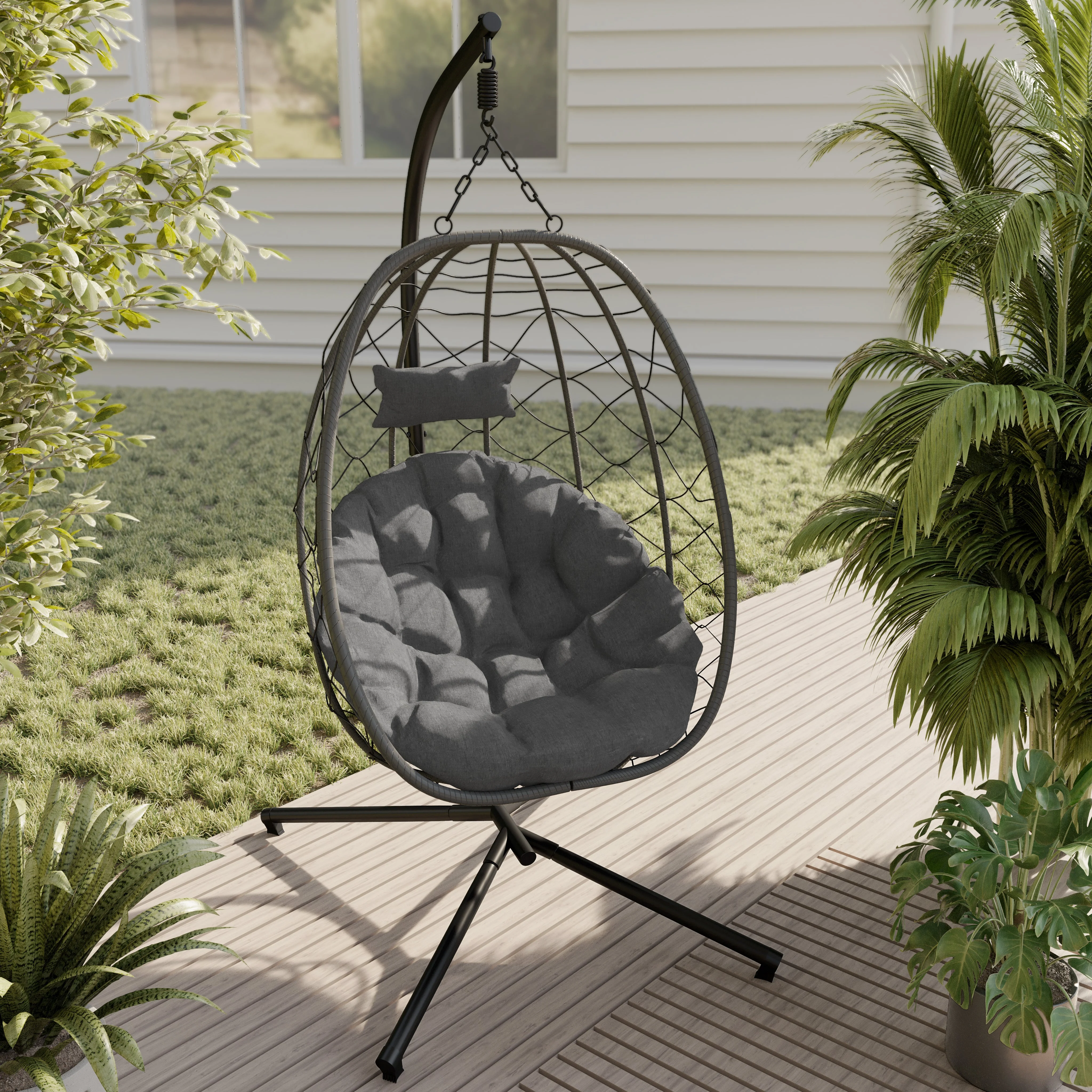 Single Person Egg Swing Chair Powder-Coated Iron Stand in Black and Steel Chains with Removable Cushions Summit Collection in Charcoal(Charcoal) - Image 2