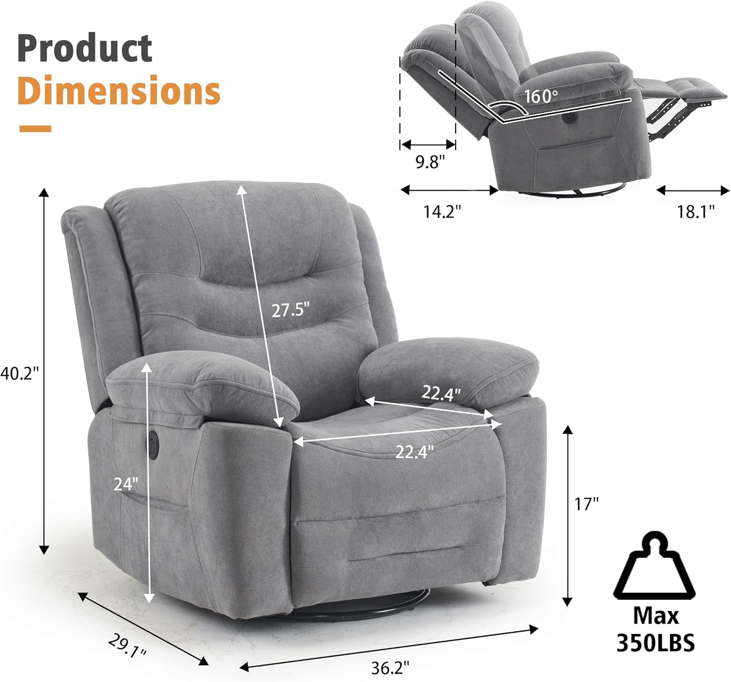 Power Swivel Rocker Recliner with Massage and Heat, USB Port, Infinite Position, Oversized Electric Glider Rocking Chairs Living Room, Soft Fabric Reclining Sofa Chair(Misty Gray)