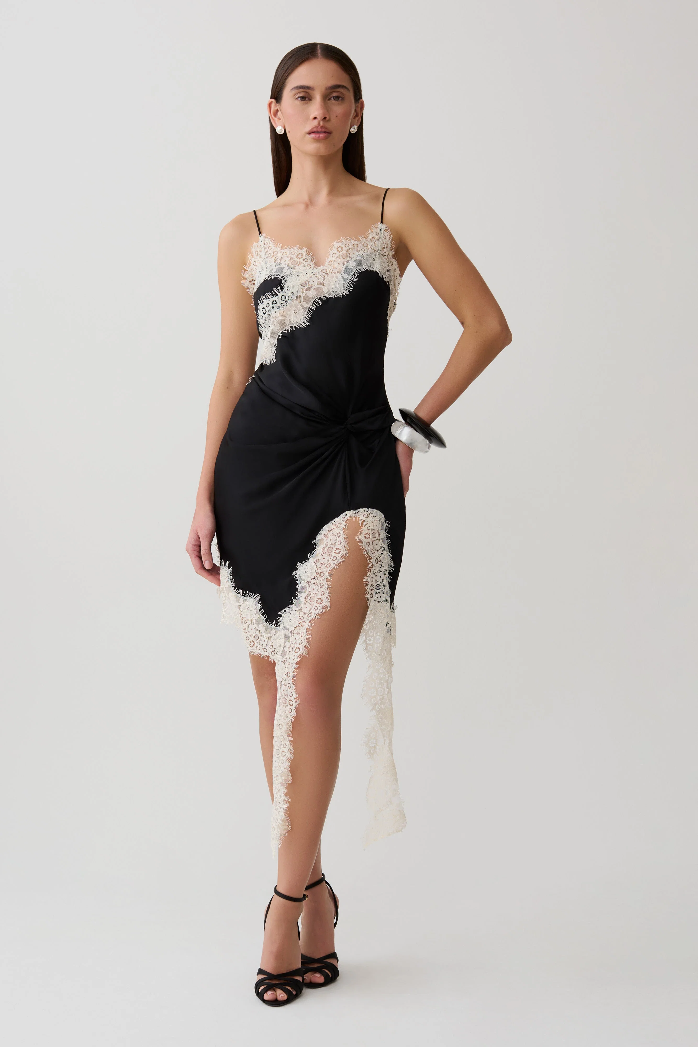 Amber Satin And Lace Mini Dress - Black/Ivory