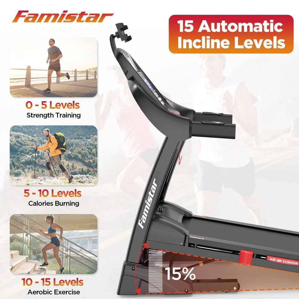 4.5HP Foldable Treadmill. 15 Auto Incline Levels. 10MPH Speed. 300LB Capacity. Home Exercise Machine