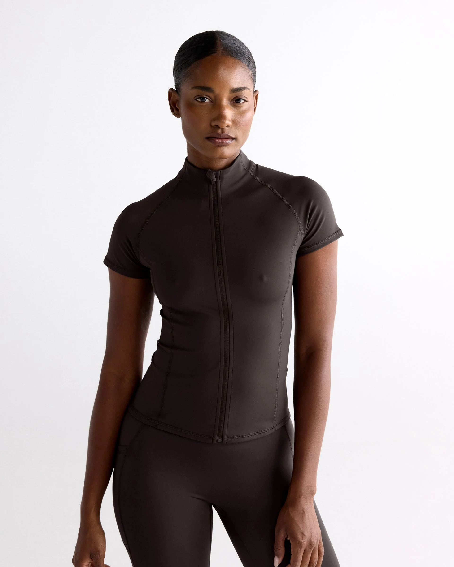 Ultimate Short Sleeve Zip Up Top - Coffee Bean