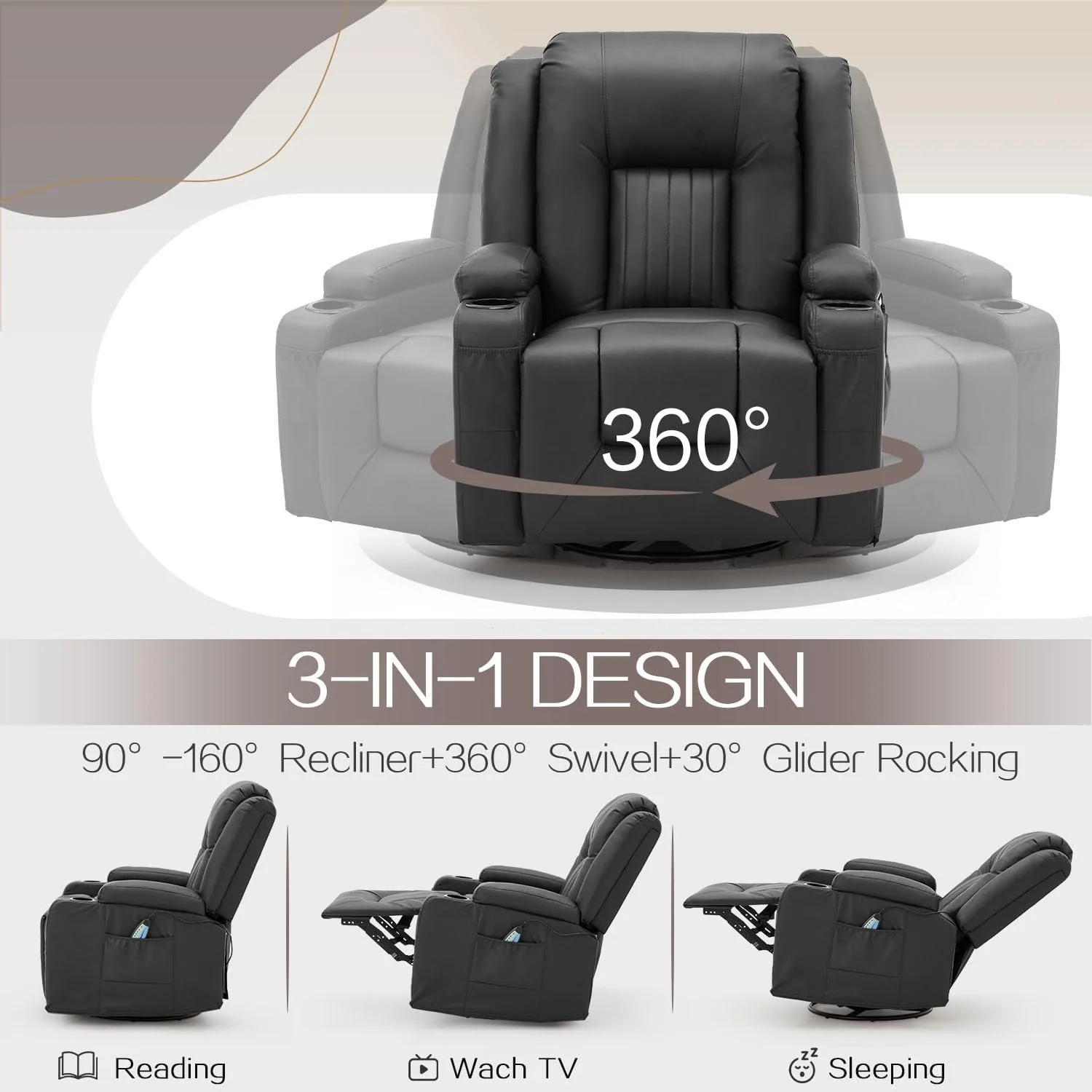 AECOJOY Massage Recliner Manual Chair with Heating & 360° Swivel Rocking Function, Black