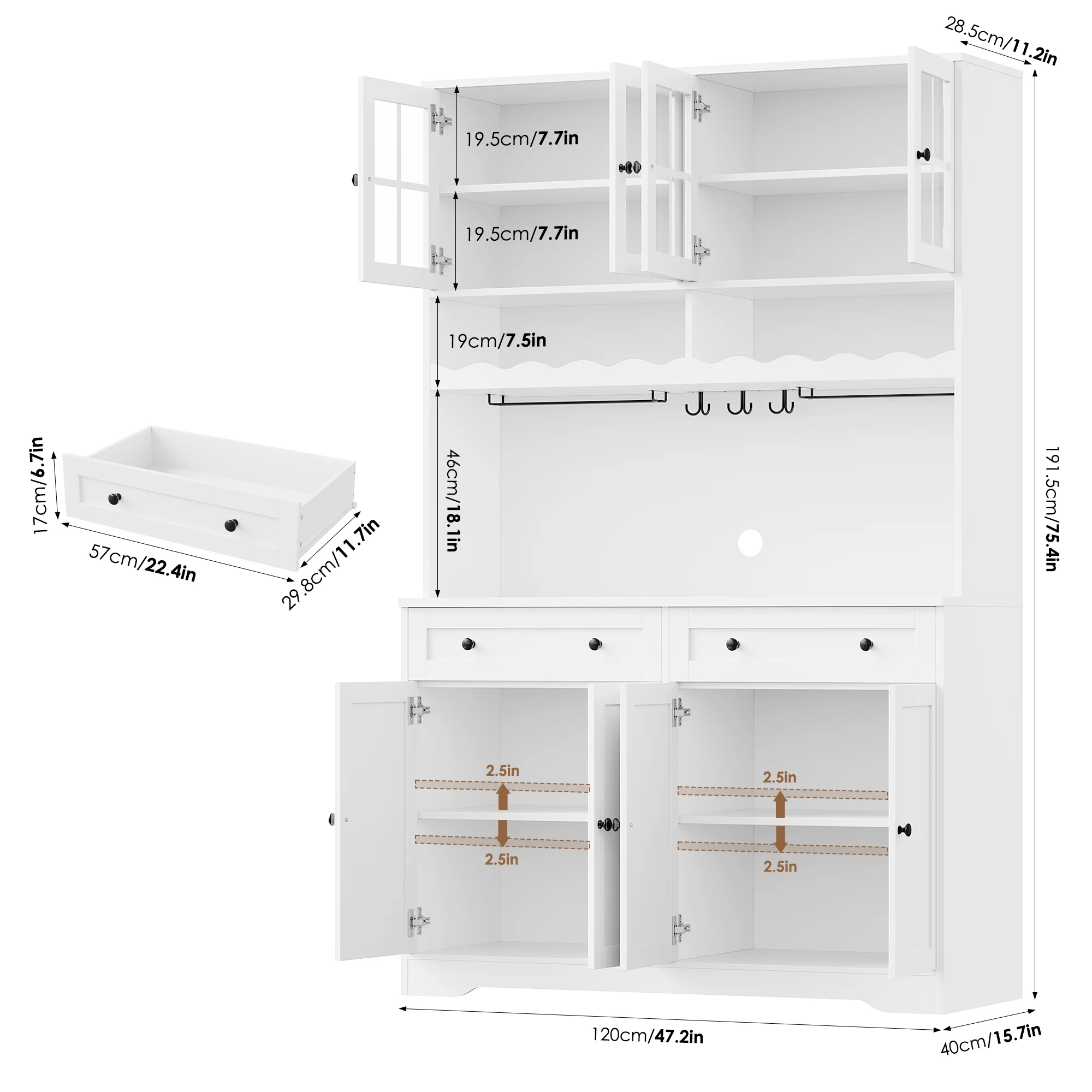 75"Tall Kitchen Pantry Storage Cabinet with Power Outlet, Large Pantry Cabinet with Microwave Stand, Modern Freestanding Cupboard Hutch for Home Dinning Room, White(White) - Image 7