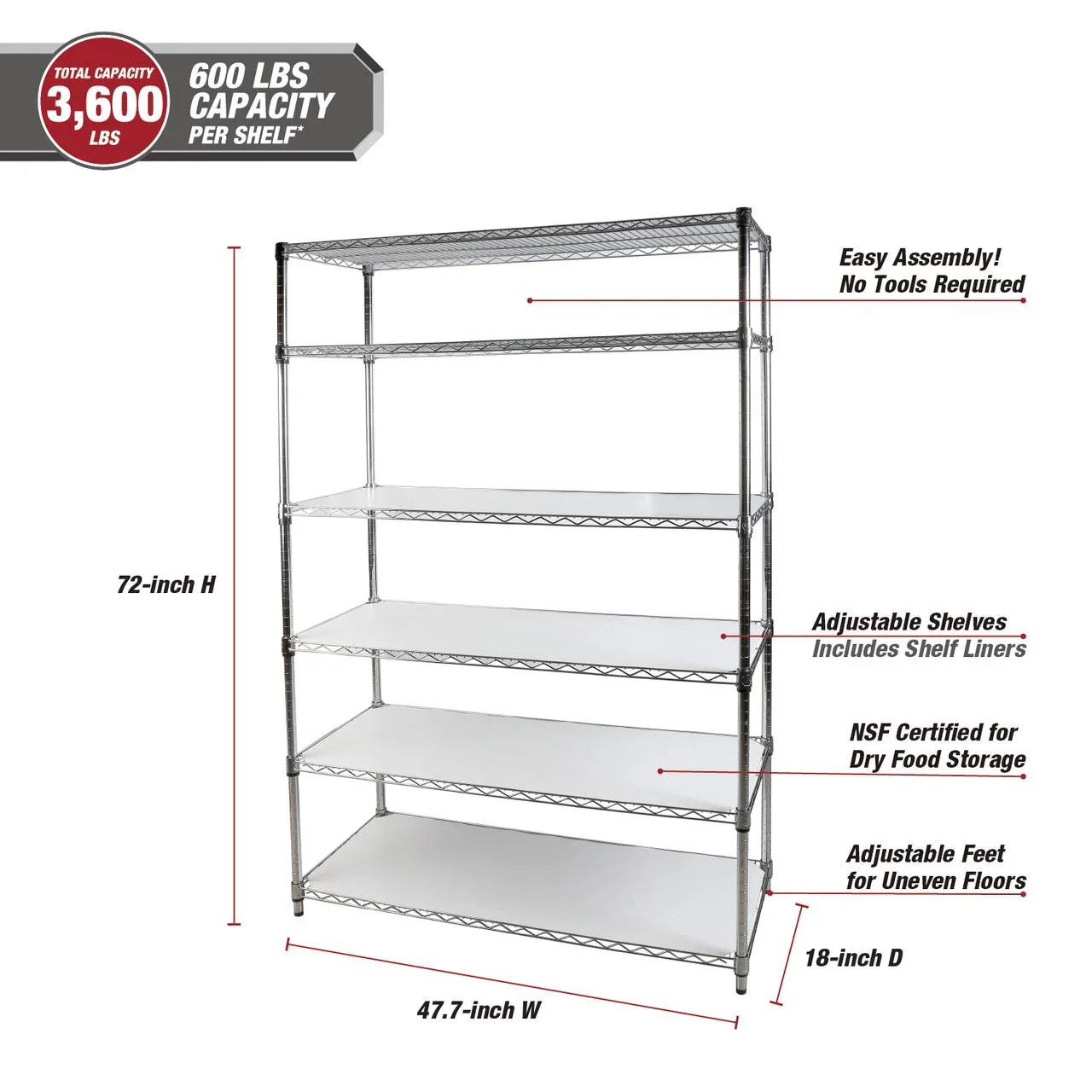 Hyper Tough 6-Tier Wire Storage Shelves with Liners, 48 W x 18 D x 72 H, 3600 lb Load Capacity, Chrome