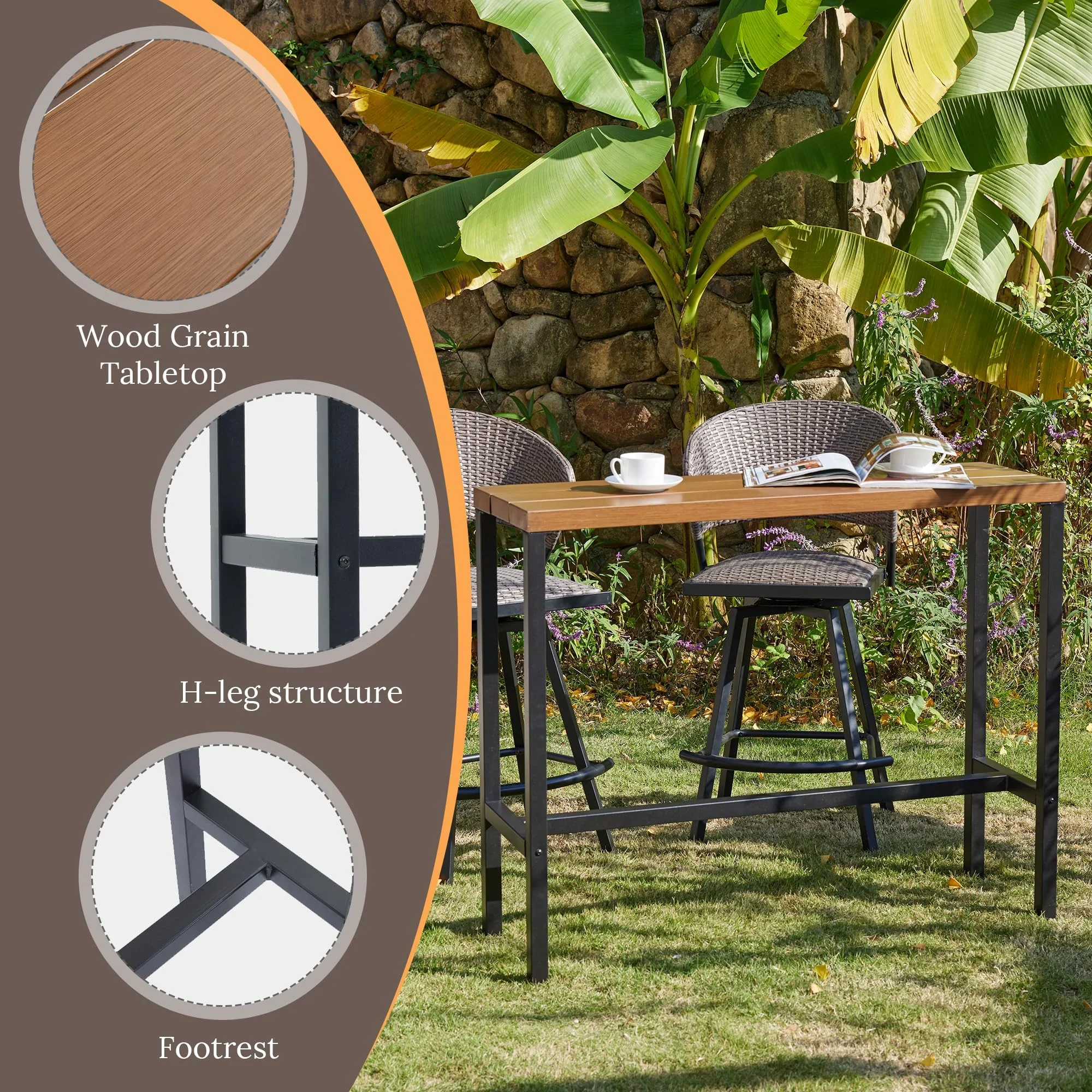 Vicllax Patio Rectangle Bar Table Metal Modern Style for Porch Garden (45.3Lx13.8Wx37.4H)