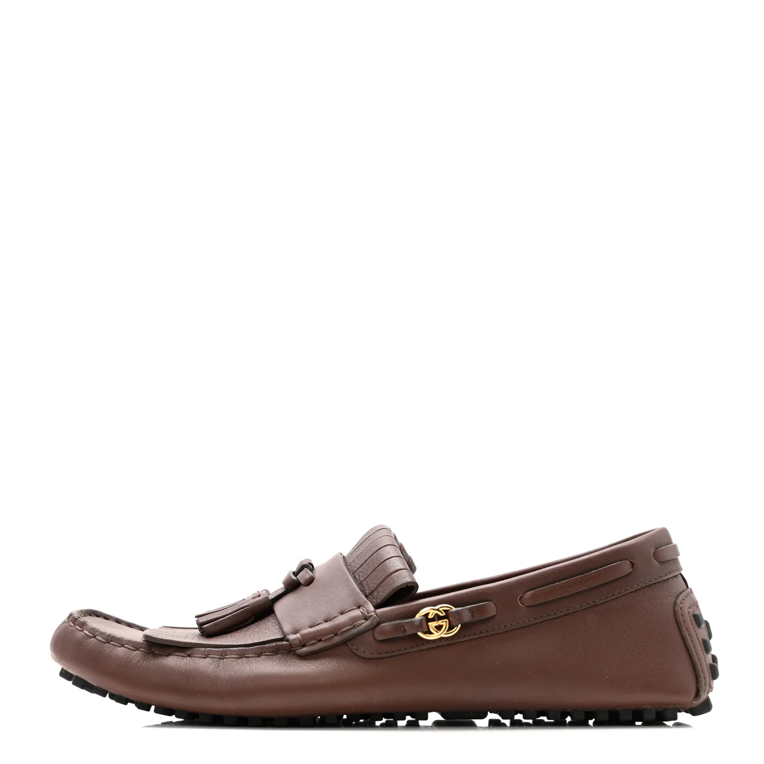 Calfskin Fringe Interlocking G Mens Driver Loafers 8 Brown