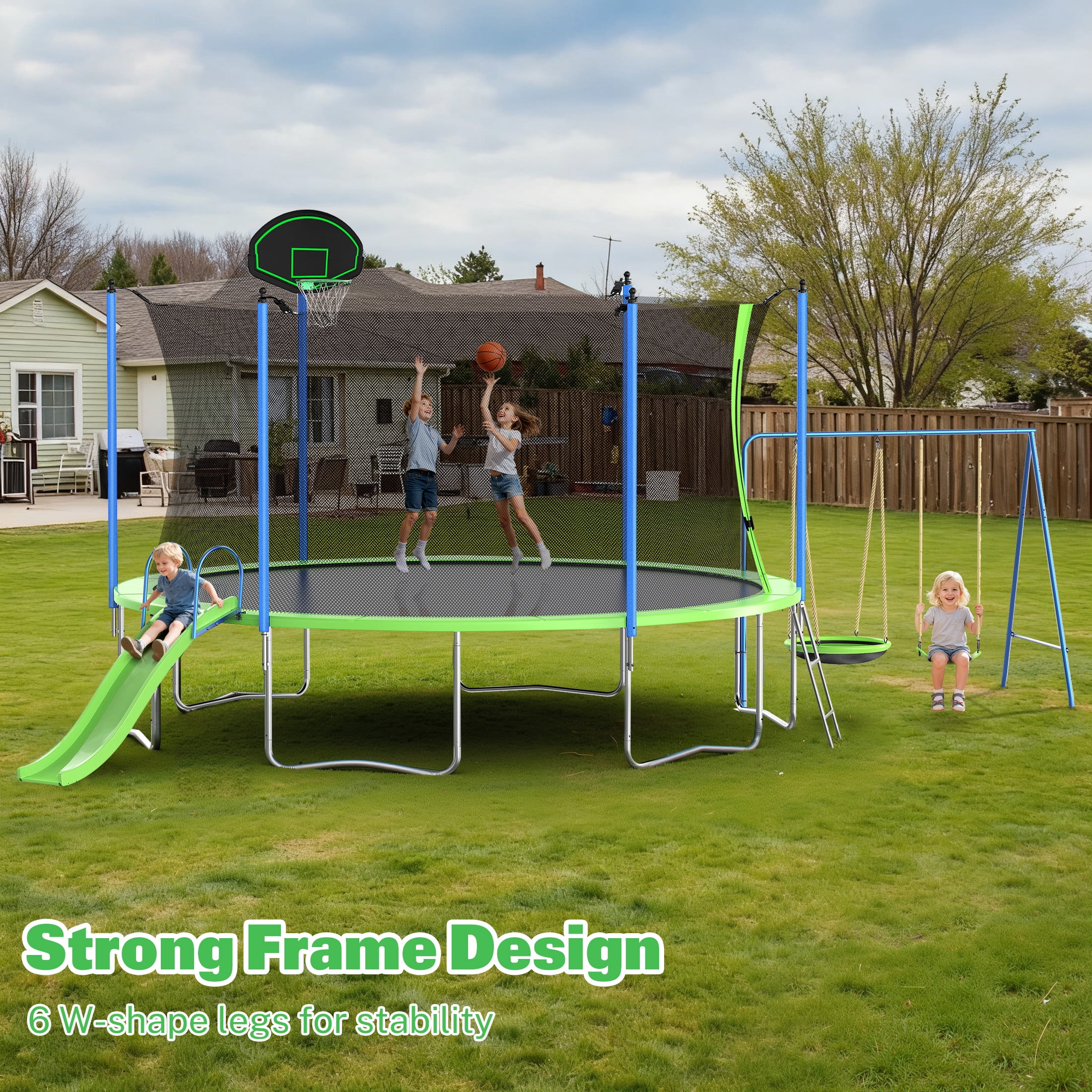 12FT Trampoline with Slide, Swings, Recreational Trampoline with Basketball Hoop and Ladder, Heavy Duty Outdoor Backyard Trampoline with Net for Kids and Adults, Green(Green-12FT) - Image 7