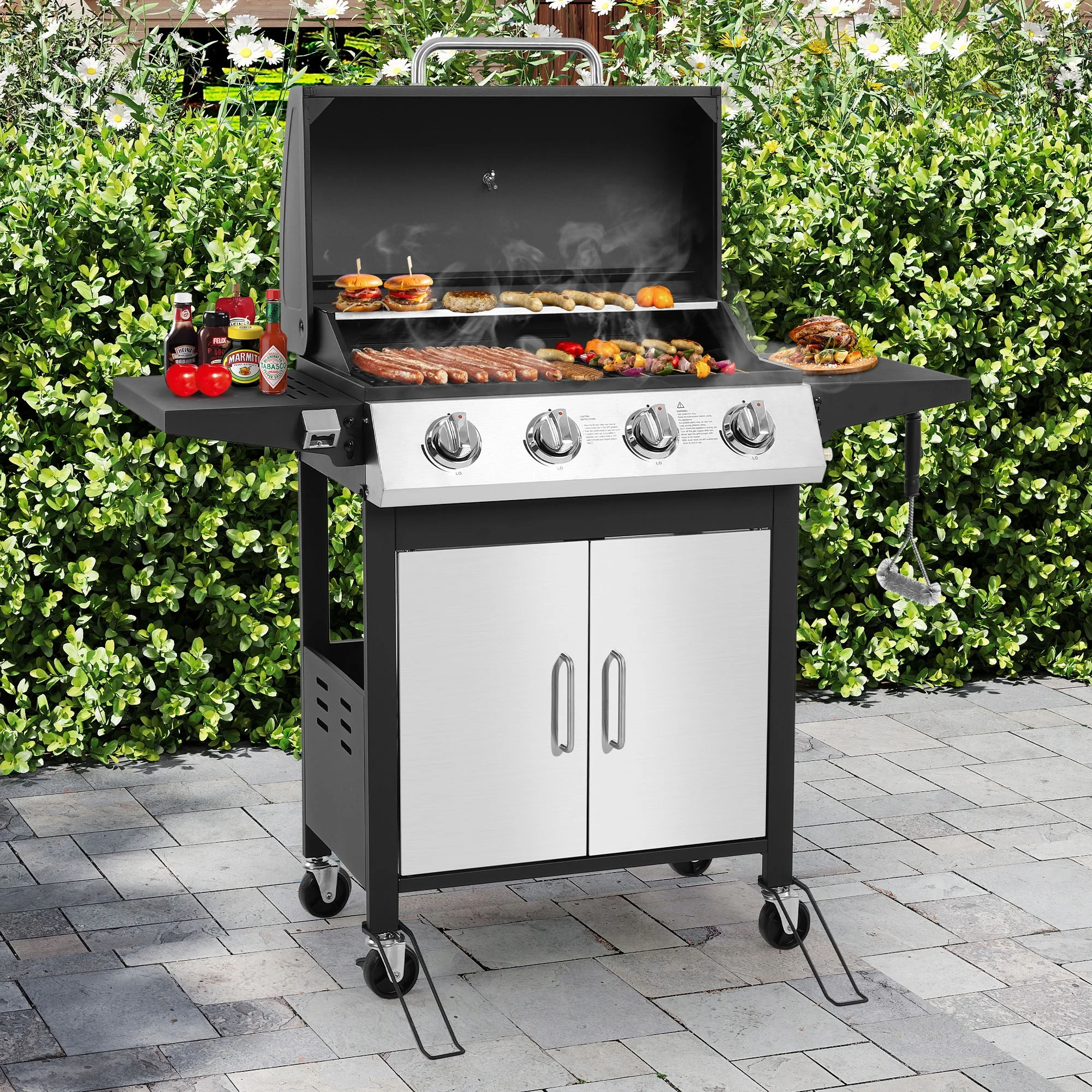 4-Burner Gas Grill with 4 Universal Wheels Bottle Opener, 40000BTU Outdoor Grill with Side Table for Camping, Black Sliver(4-Burner (40000 BTU)) - Image 5