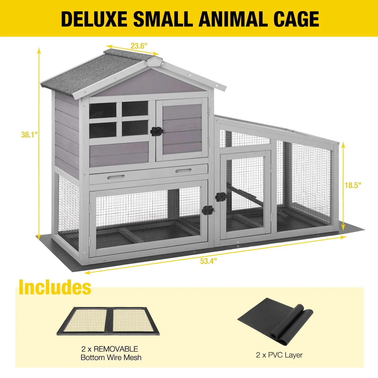 Aivituvin Rabbit Hutch Outdoor Indoor Bunny Cage with Pull Out Tray, Upgraded Chicken Coop with Removable Wire Mesh Bottom, Gray