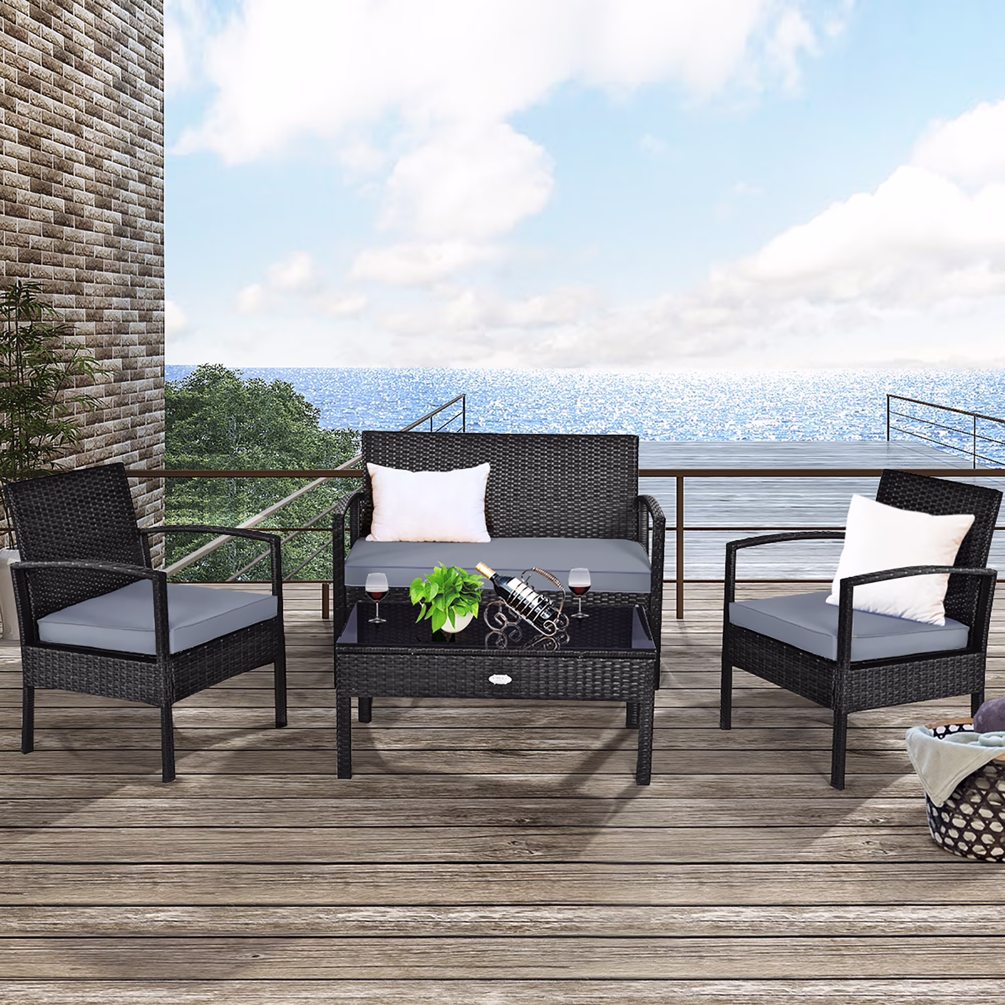 Costway 4PCS Patio Rattan Wicker Furniture Set Loveseat Sofa Cushioned Garden Yard Brown