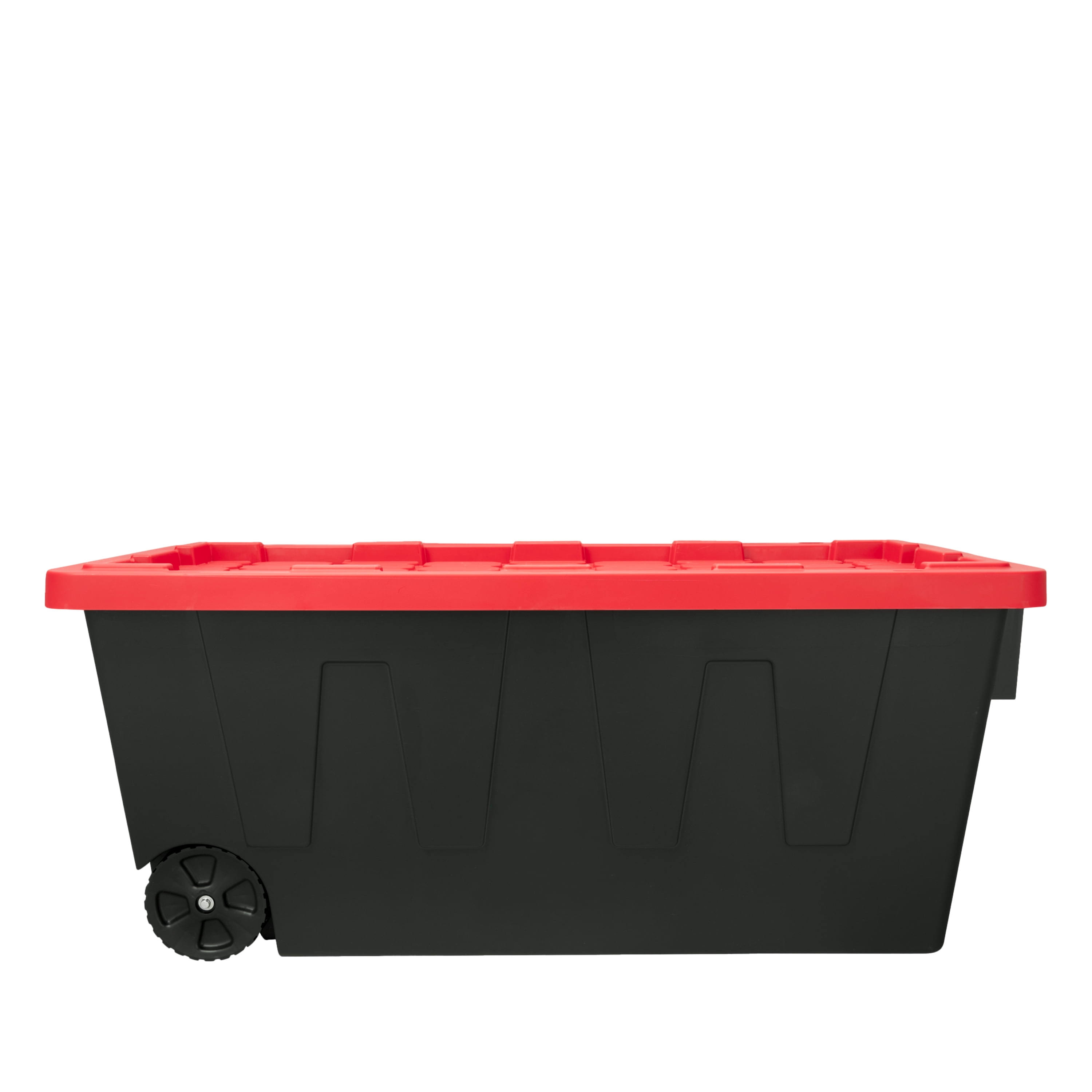 Hyper Tough 50 Gallon Snap Lid Wheeled Plastic Storage Bin Container Black with Red Lid
