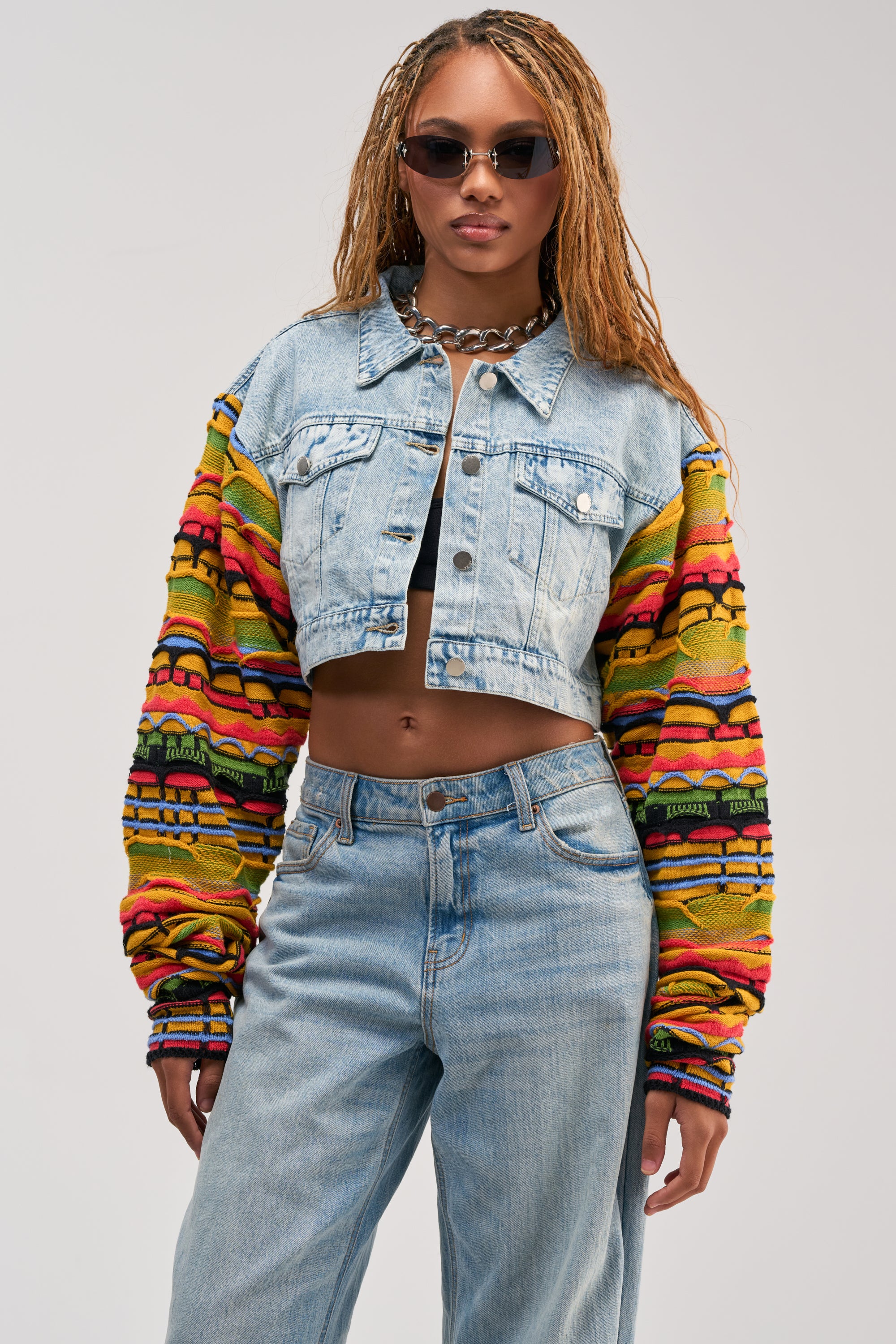 THROWBACK KNIT SLEEVE DENIM JACKET - Akira Store
