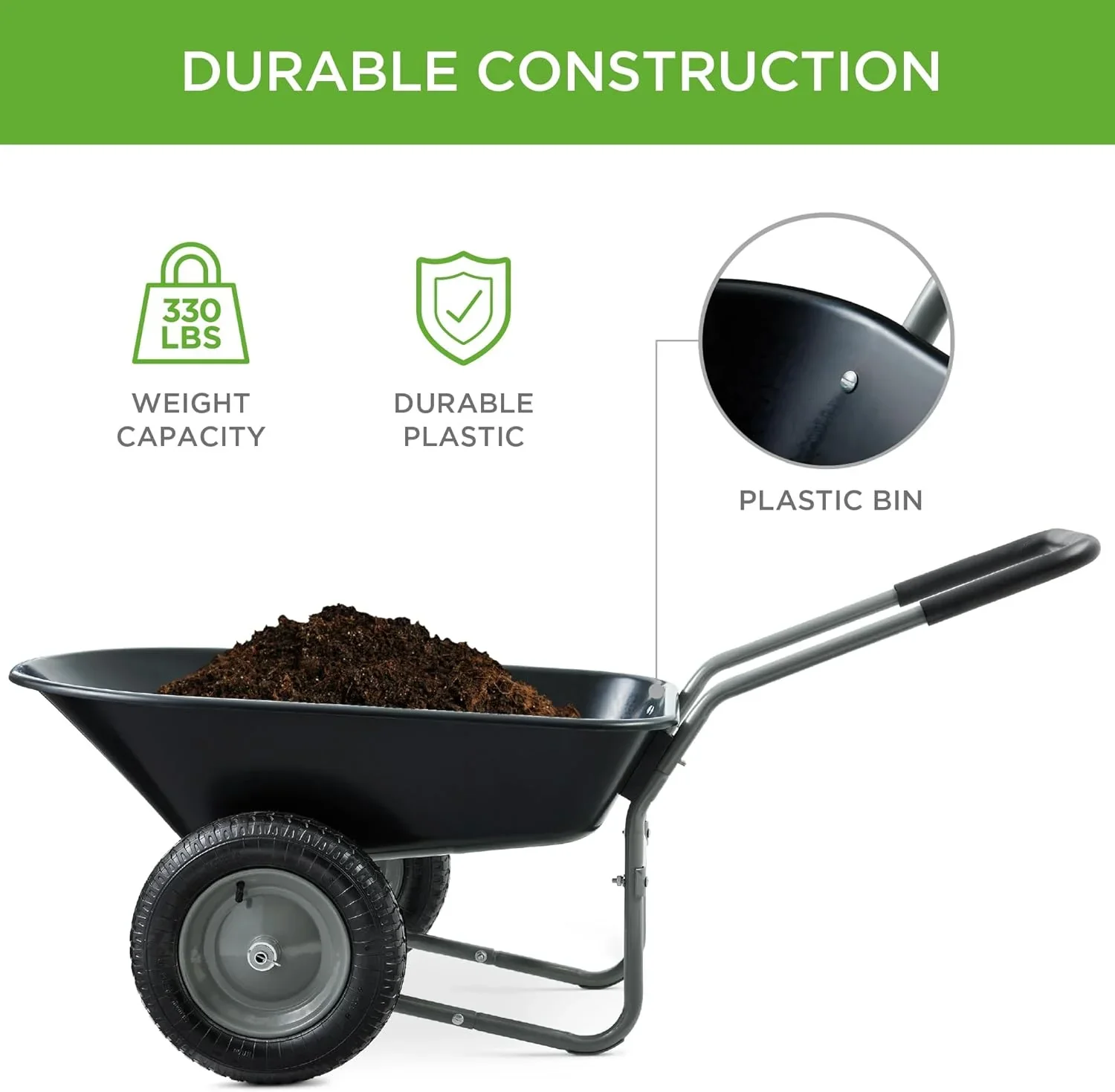 SAZYY Heavy-Duty Dual-Wheel Home Utility Yard Wheelbarrow & Garden Cart with Built-in Stand �C Versatile Solution for Lawn Care, Gardening & Construction Tasks, Gray