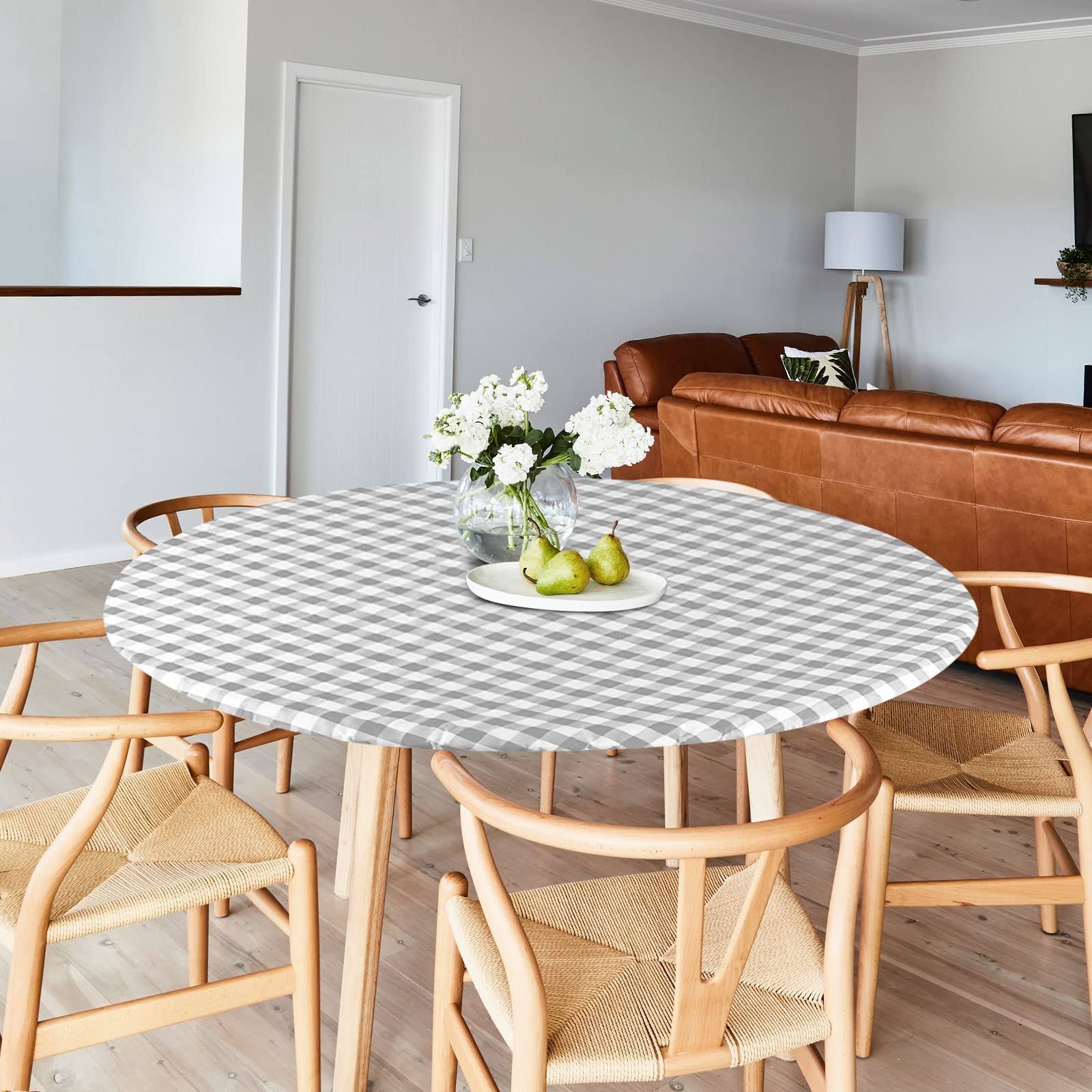 Sorfey Round Tablecloth -Fitted with Elastic, Vinyl with Flannel Back, Fits for Table 30 Inches Round,Water Proof, Easy to Clean, Checked Gray Design