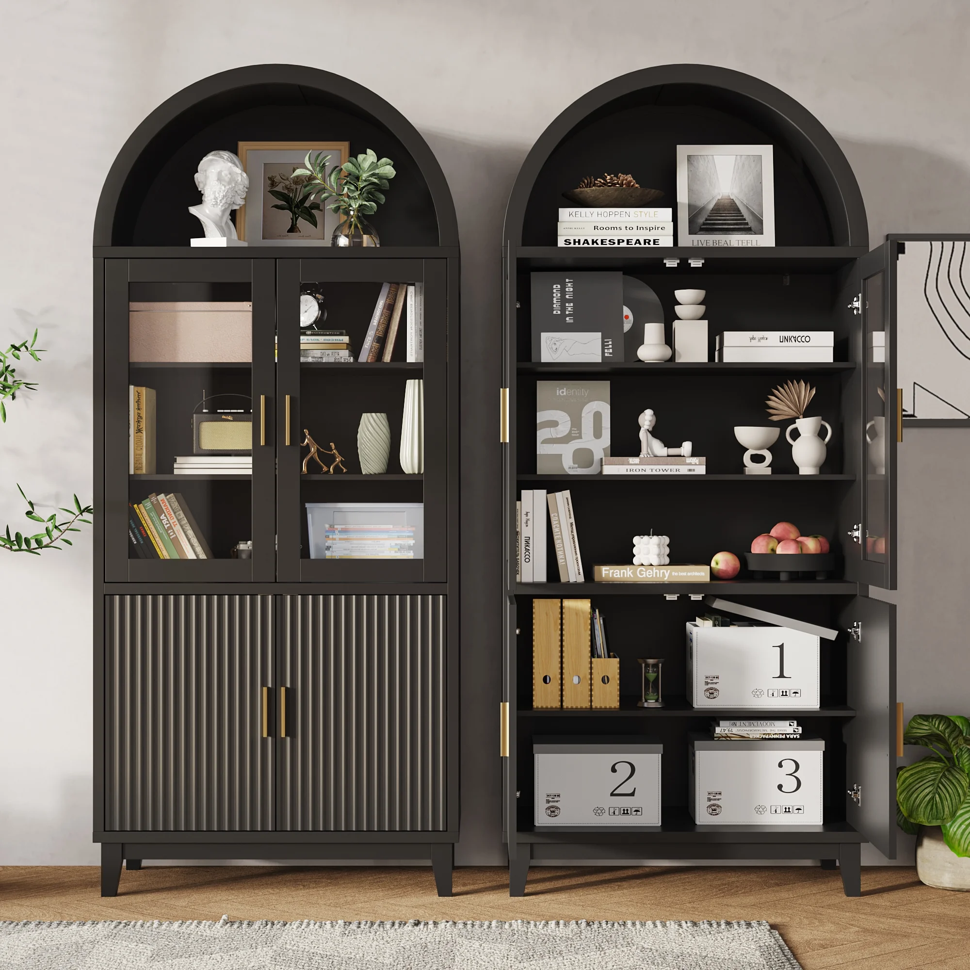 71" Tall Arch Cabinet, Wood Fluted Kitchen Kitchen Storage Cabinet with 4 Doors and 6 Shelves for Dining Room Living Room(black) - Image 10