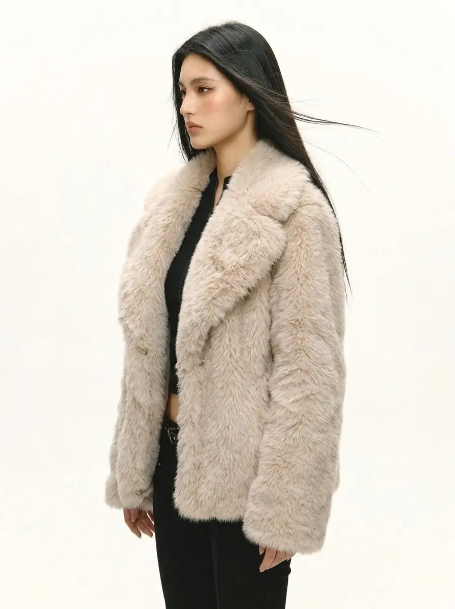 Side view of a women's beige faux fur jacket