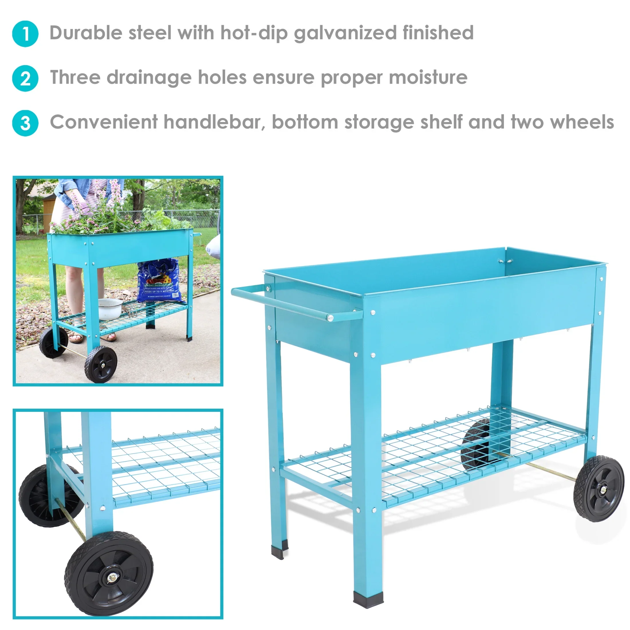 Sunnydaze 43.5 x 20.75 x 31.75 Blue Galvanized Steel Raised Garden Bed Cart with Wheels