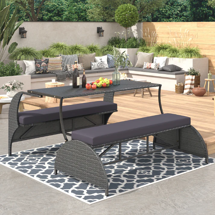 Huloretions 57.1 Outdoor Loveseat,Outdoor Table and Bench Chairs Convertible Picnic Upholstered Bench Table for Garden Yard Porch