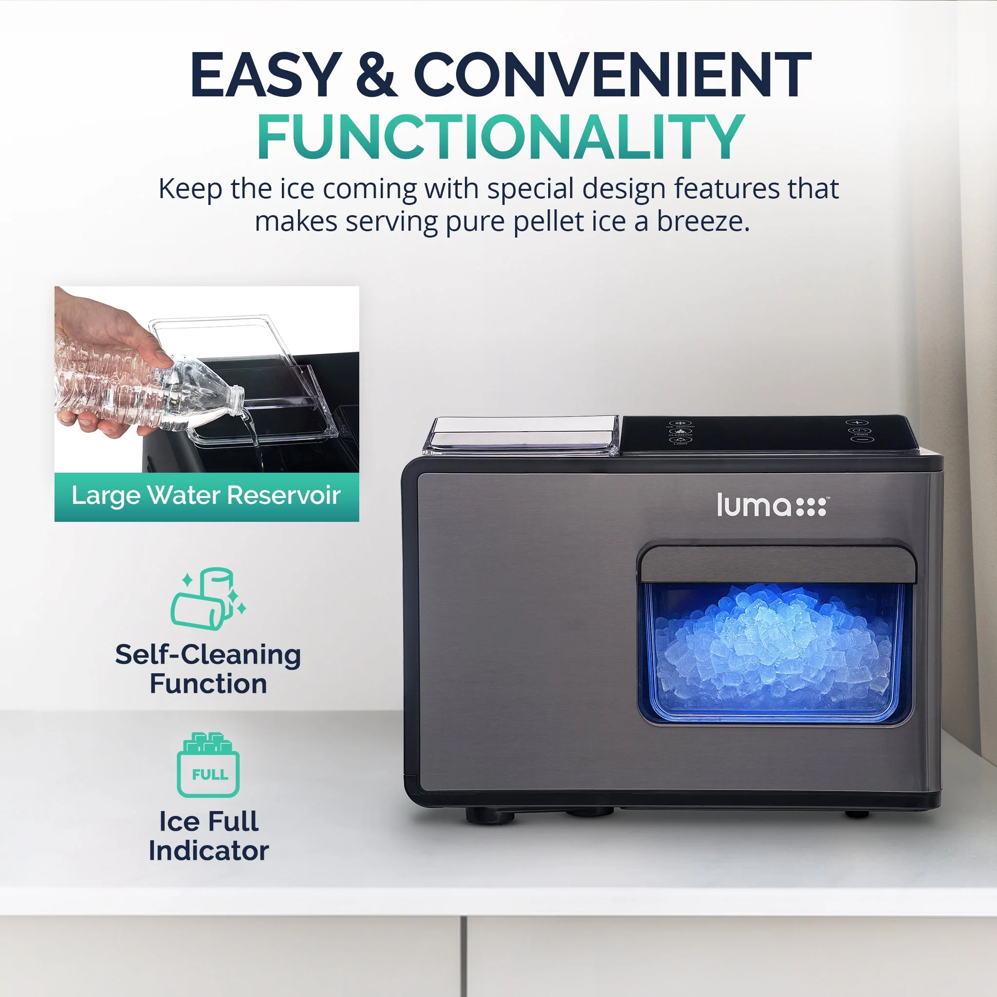 Luma Countertop Ice Maker. Nugget Ice, 44 lbs/day - Black Stainless Steel
