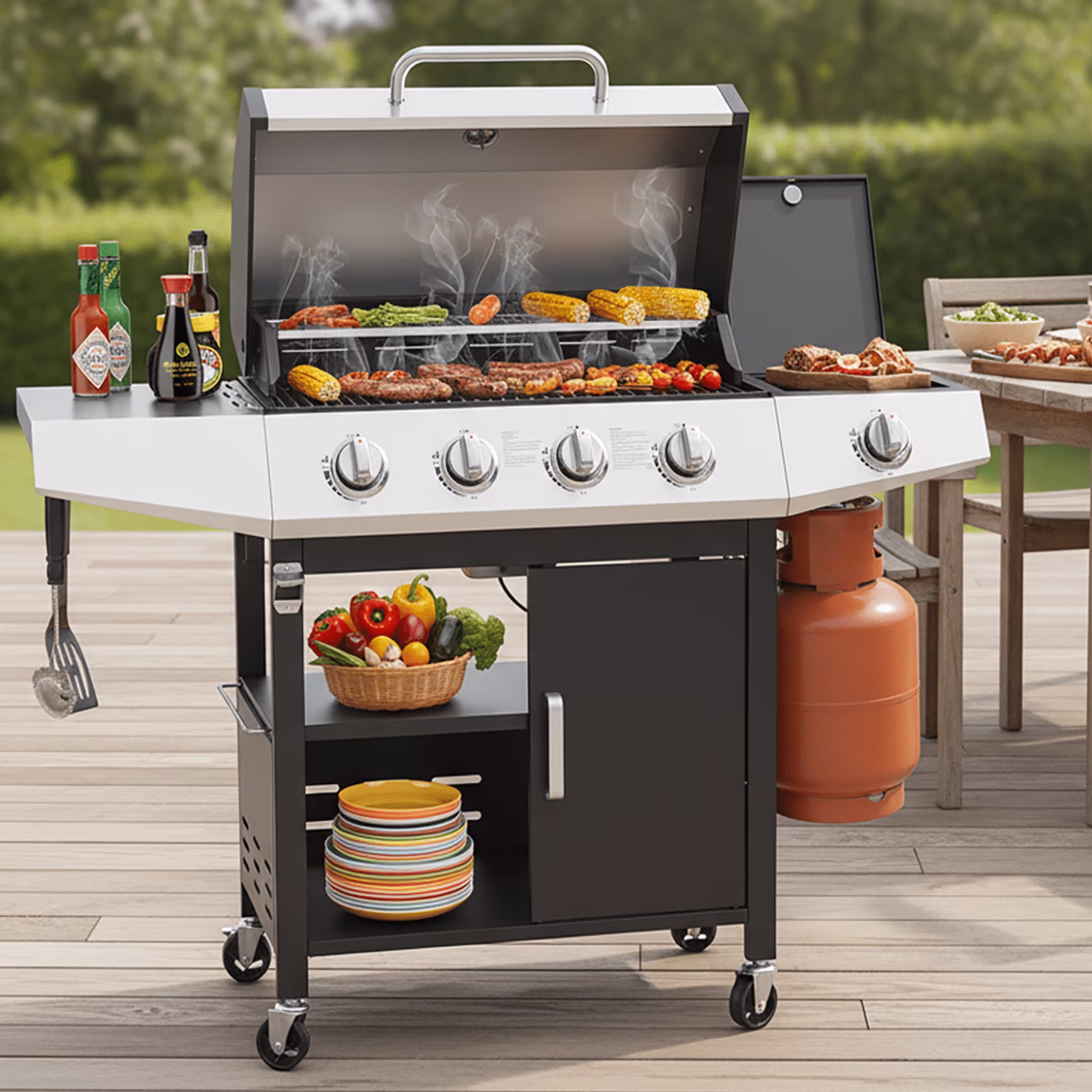 40,500 BTU Propane Gas Grill with Side Burner, Stainless Steel 3 Burner Barbecue Grill Portable on Wheels, with Bottle Opener, for Camping Patio Outdoor Cooking(40500) - Image 5