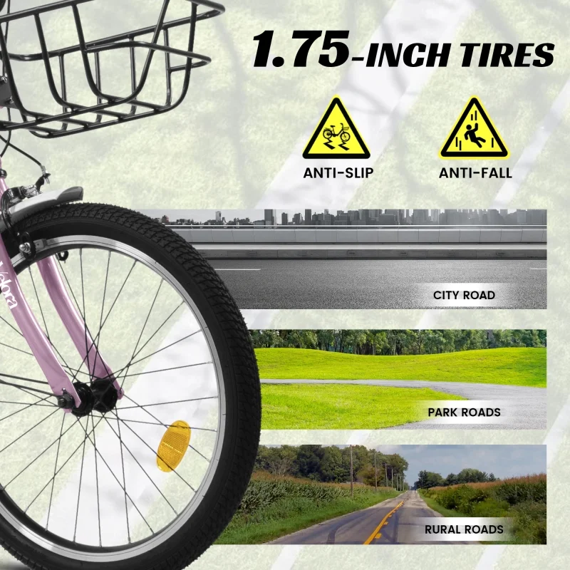 20 Inch Mountain Bicycle with Coaster Brake & V-Brake, 1-Speed, Chain Guard & Rear Rack, Lightweight Steel Frame (Pink, Green, Purple, White)