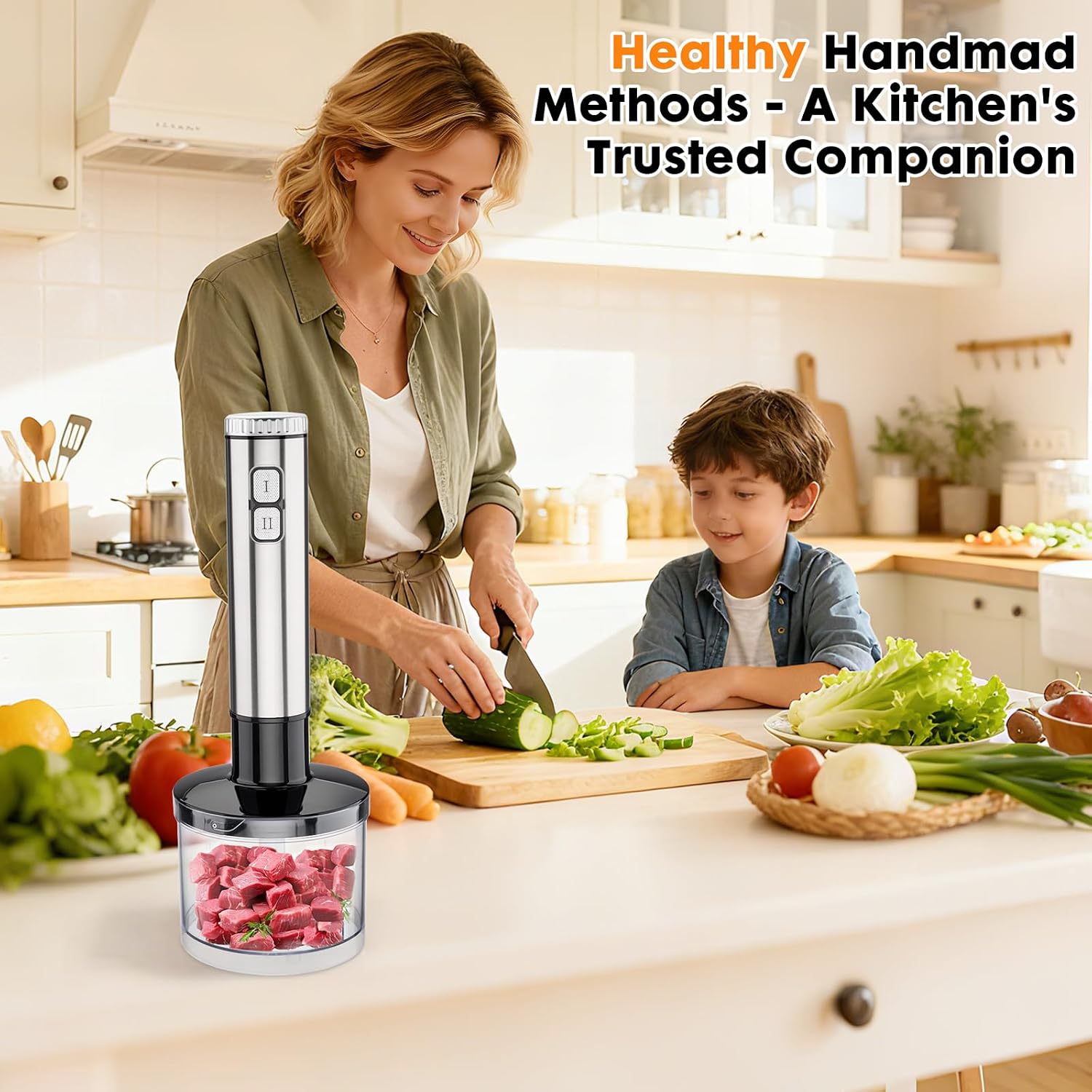 Immersion Blender Handheld 8 in 1 Hand Held Blenders Mixer Stainless Steel Electric Stick Beaker Chopper Milk Frother Grinder