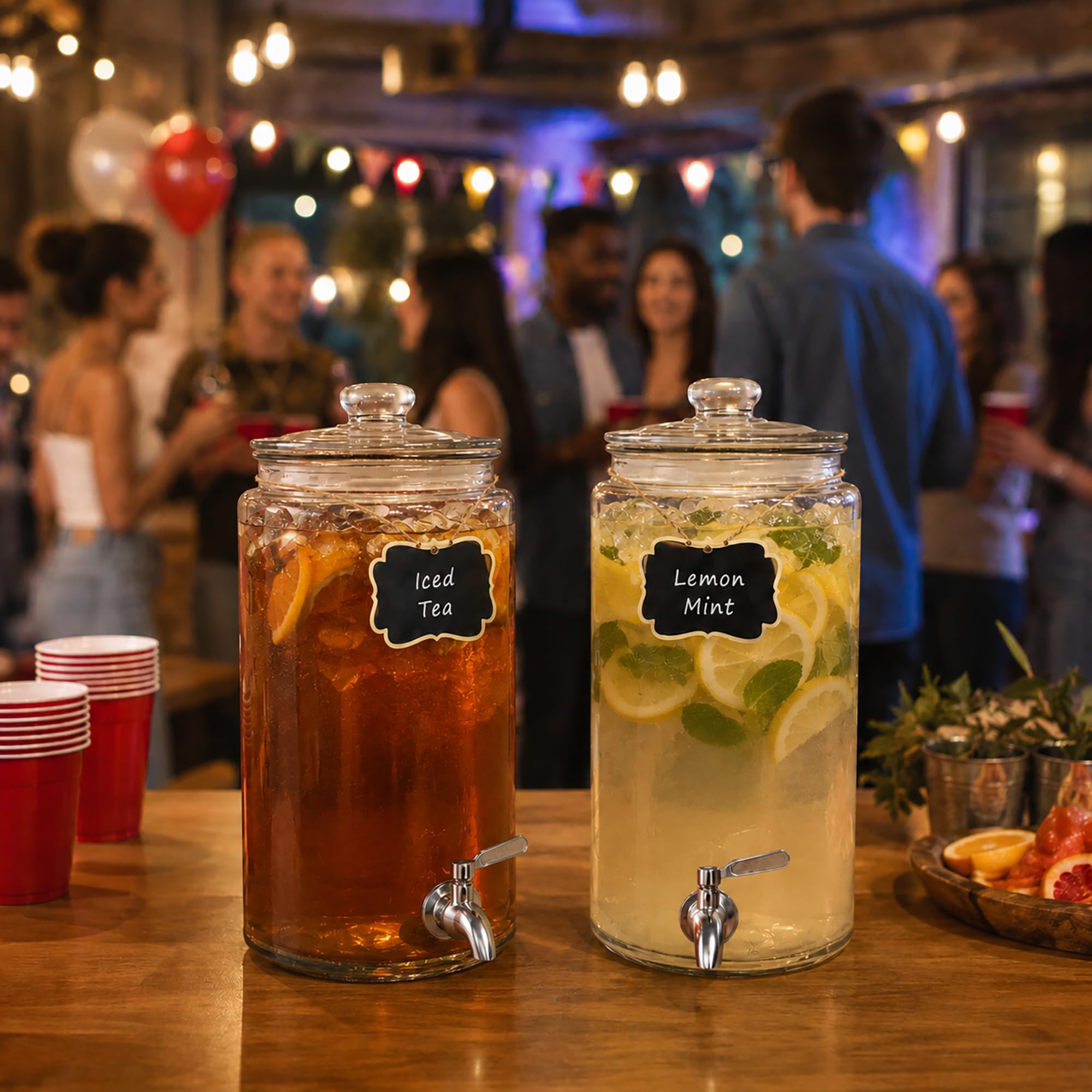 2 Gallon Beverage Dispenser 2 Pack, Stainless Steel Spigot Drink Dispenser for Parties with Stand, Clear Glass Drink Container Easy to Refill and Clean
