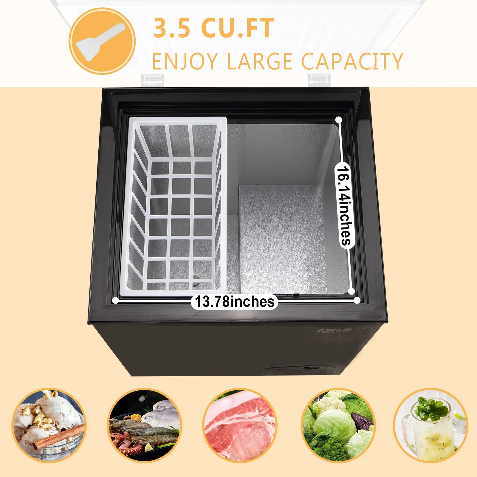 Krib B Deep Freezer 3.5 Cu.ft, Chest Freezer with 3 Grade Temperature ( - 4F to 6.8F), Removable Basket, for Dorm, Apartment, Kitchen, Black