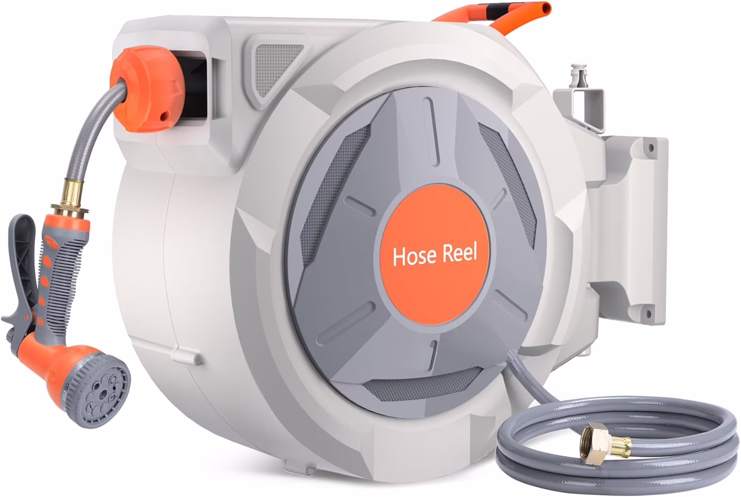 Auto-Retract Wall-Mounted Garden Hose Reel w/9-Pattern Nozzle, 180�� Swivel & Any-Length Lock, 600PSI Durable