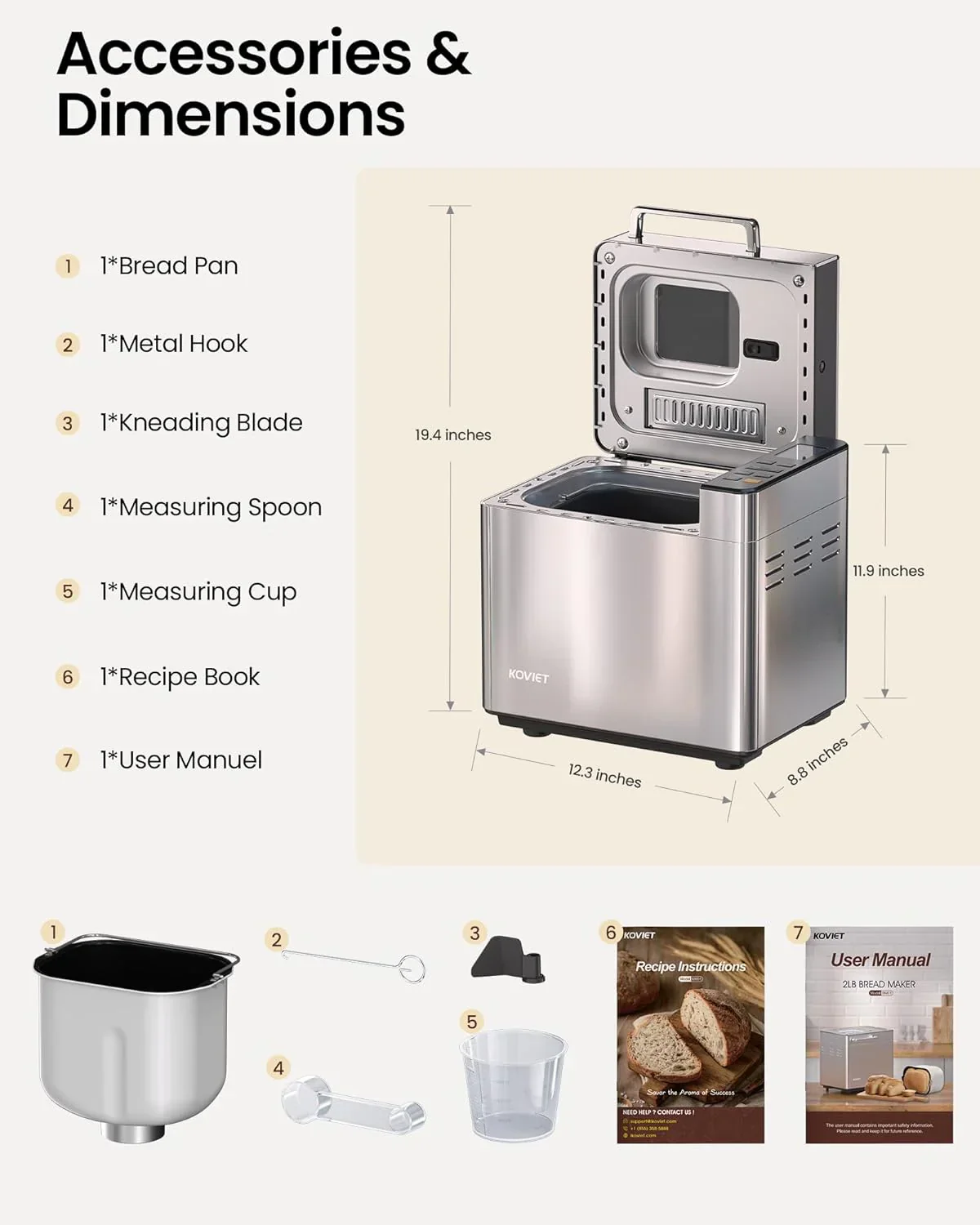 Machine à pain 25 en 1 avec double distributeur automatique, capacité 900 g, en acier inoxydable.