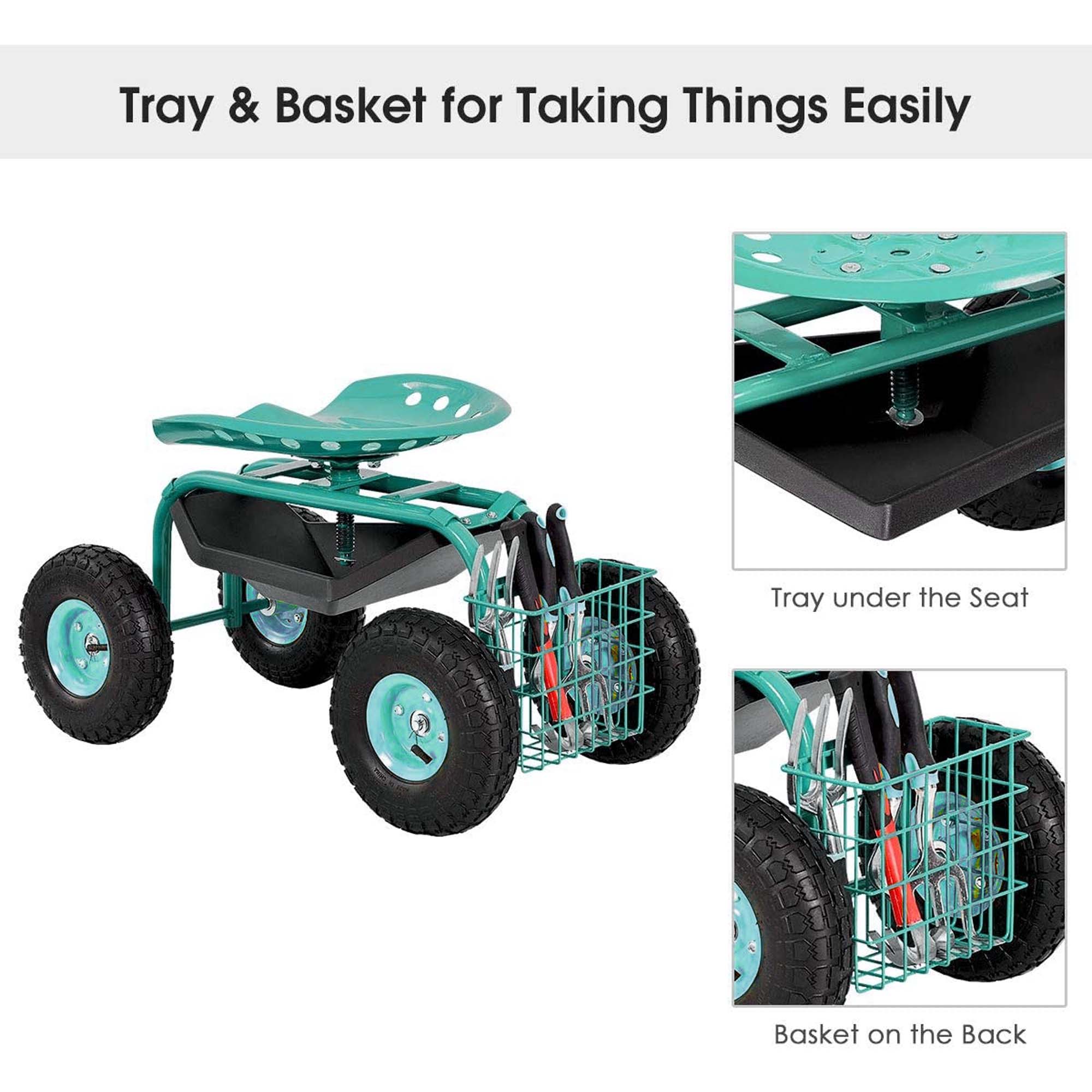Aukfa Rolling Garden Cart Scooter with Swivel Seat, Wheels, and Tool Tray - Red