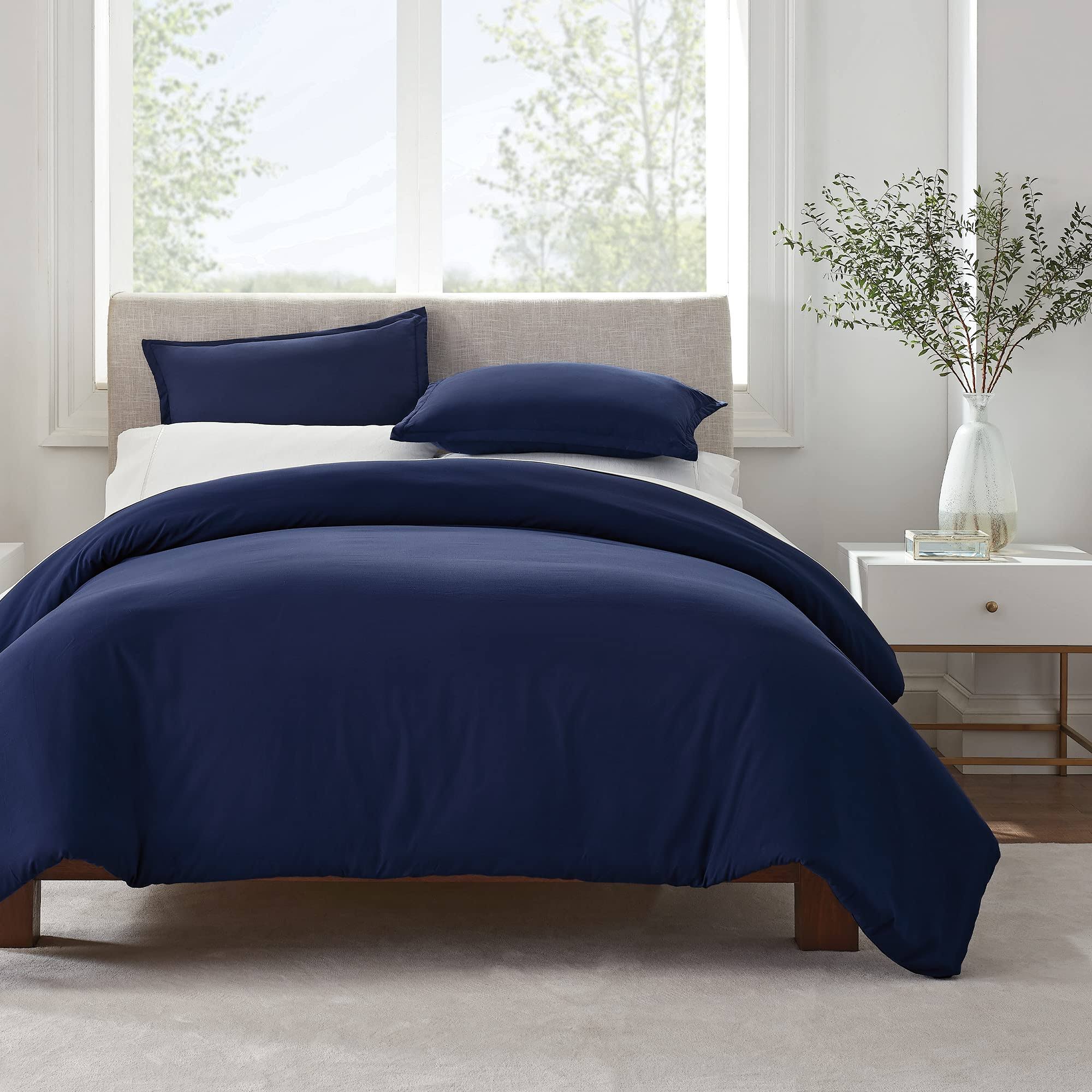 Serta Simply Clean Antimicrobial Solid 3 Piece Duvet Set, Navy Blue, Full/Queen