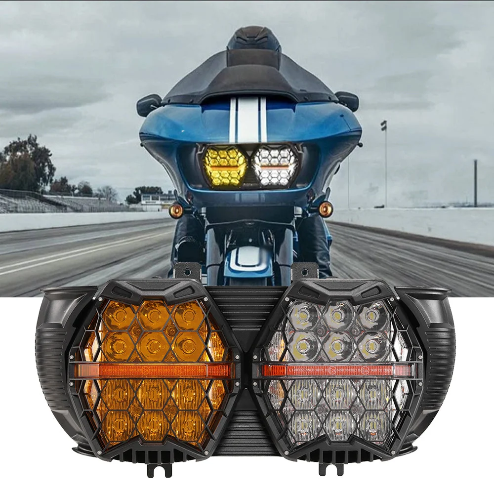 DOT Motorcycle LED Dual Headlight Assembly Amber DRL High/Low Beam Honeycomb for 2015-2023 Harley-Davidson Road Glide