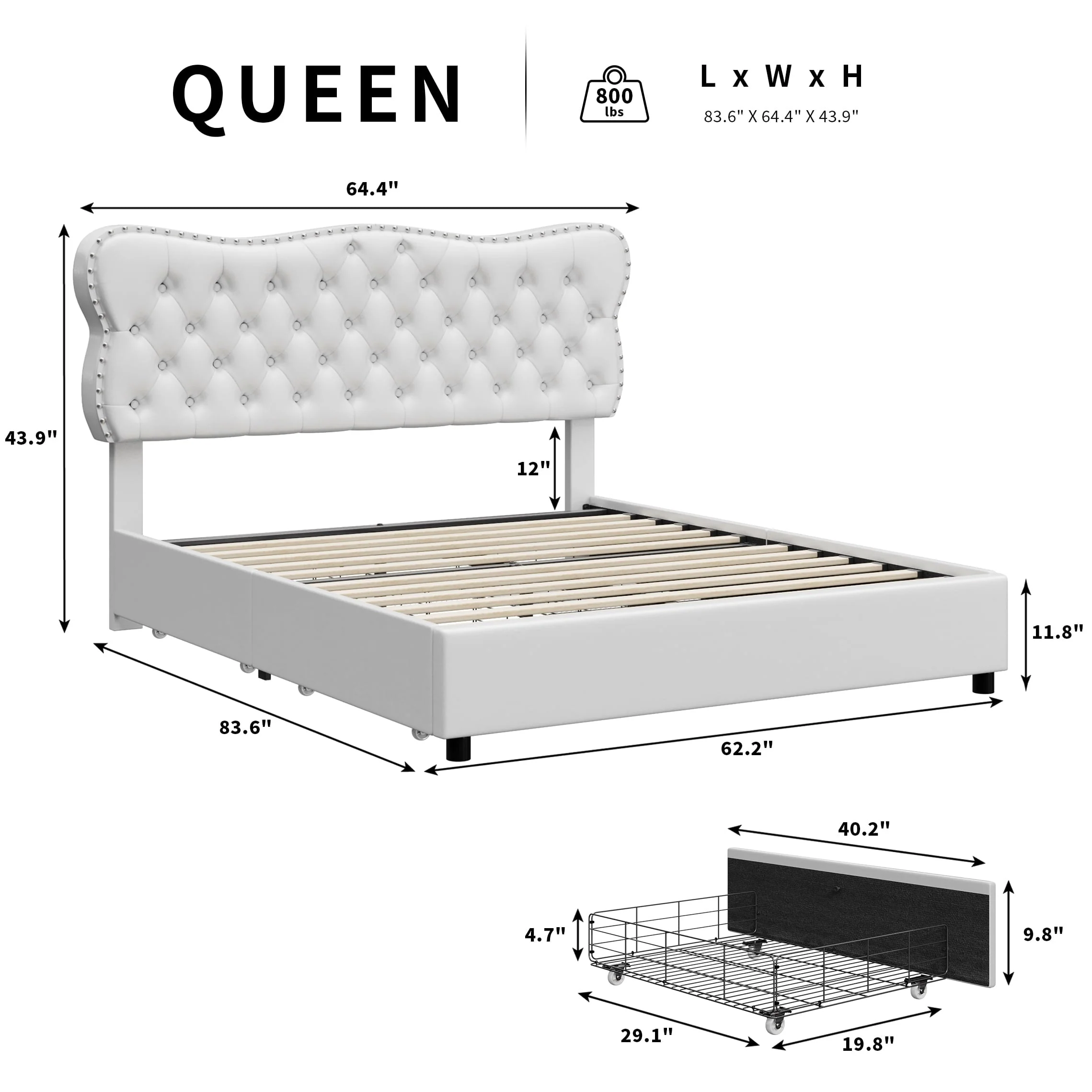 Homfa White Queen Bed Frame with Drawer, PU Leather Upholstered Storage Platform Bed Frame with Button Tufted Headboard, Noise Free