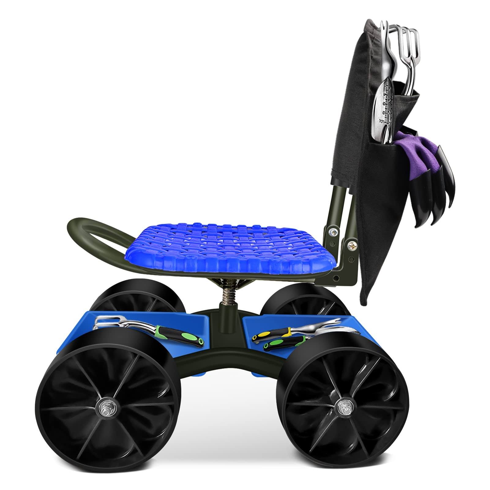 I Cover Garden Cart Rolling Stool with Four Wheels and Tool Bag, Stable Workseat Sturdy Cart Adjustable Seat Height and Direction, Gardening Helper,