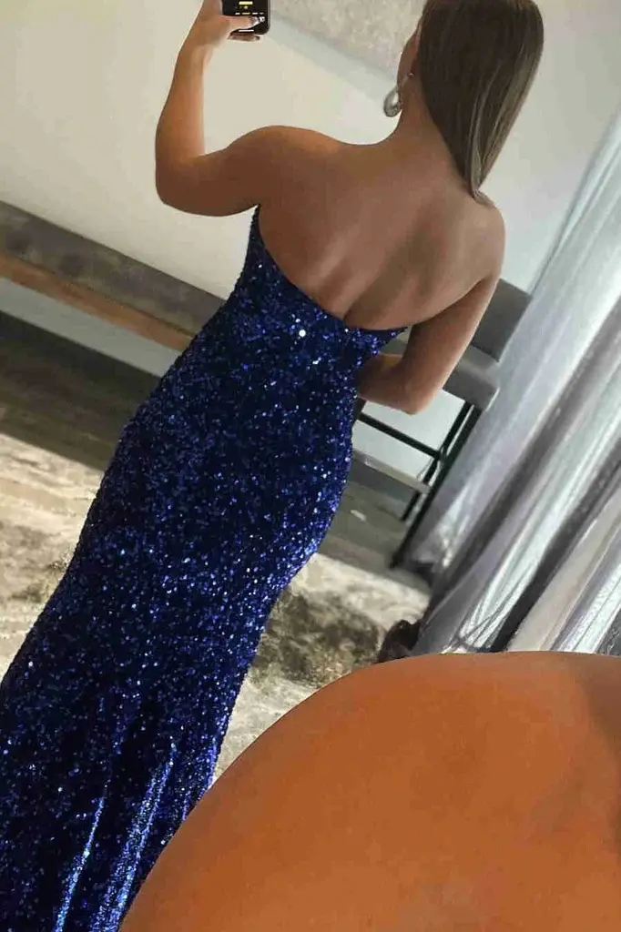 Royal Blue Strapless Mermaid Sequined Long Prom Dresses with Slit, Sparkly Evening Gown DMP194
