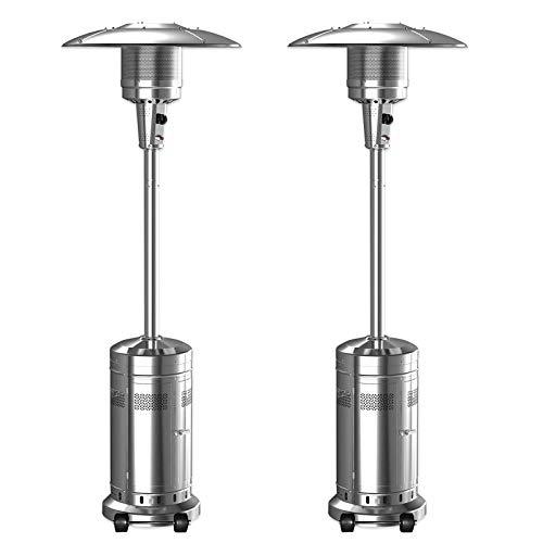 Ensemble de 2 chauffages de terrasse au propane de 48 000 BTU avec parasol et roulettes, en acier inoxydable, chauffage de terrasse extérieur sur pied au propane liquide en acier inoxydable (couleur : argent)