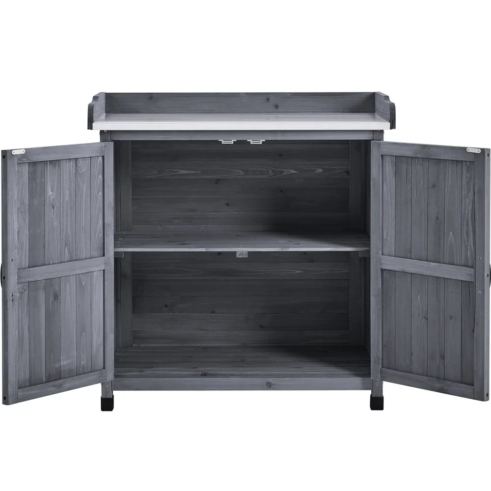 Renwick Garden Potting Bench Table with Cabinet, Brown