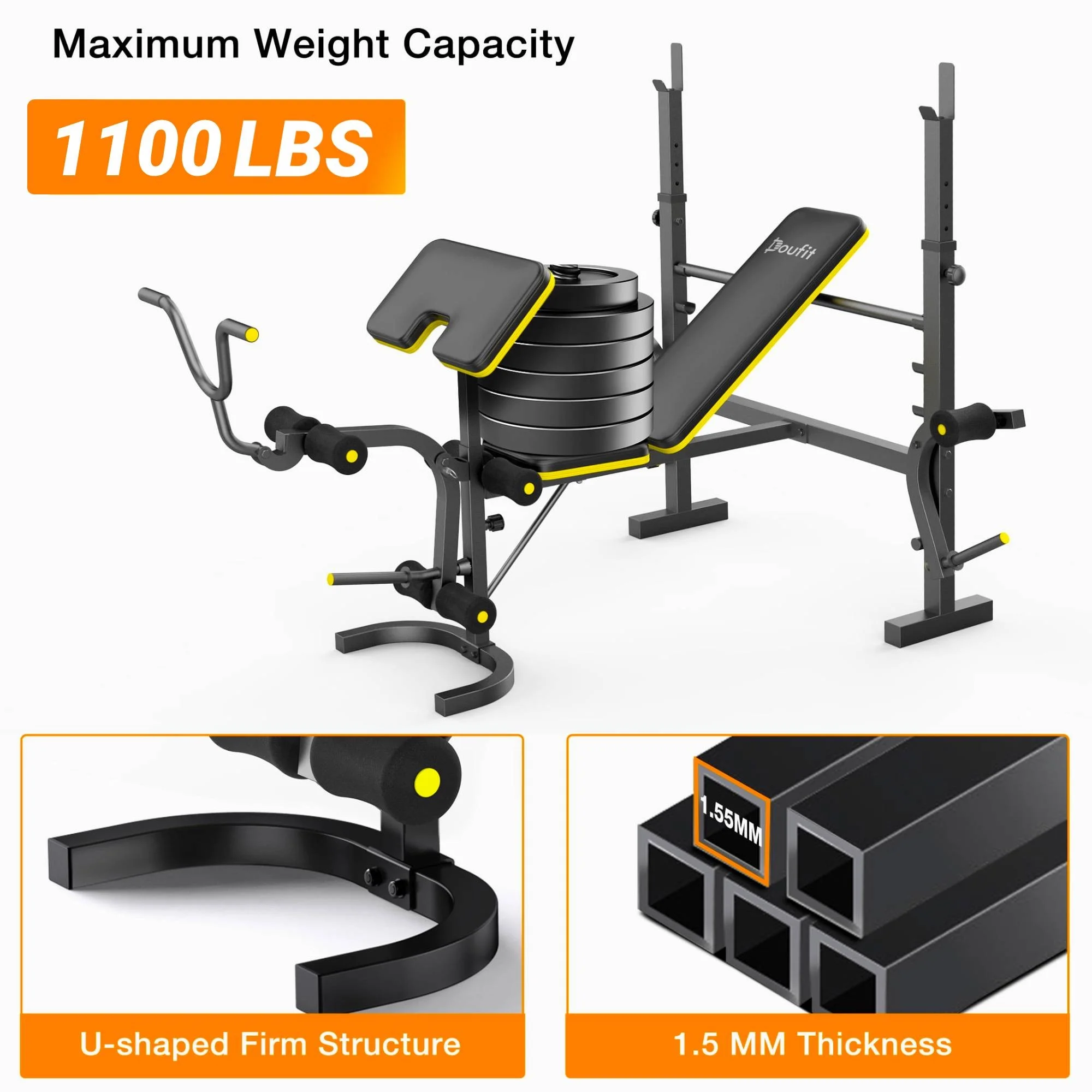 Weight Bench, 1100lbs 6 In 1 Workout Bench Press with Squat Rack Leg Developer Preacher Curl Butterfly Arms,Gym Exercise Equipment for Full Body Home Gym Image 5