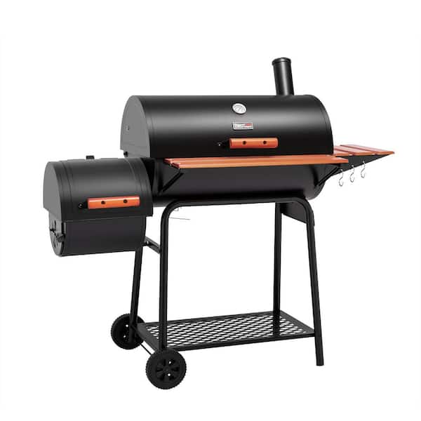 Barrel Charcoal Grill in Black with Offset Smoker. 811 sq. in. Cooking Space. Wood-Painted Side Table