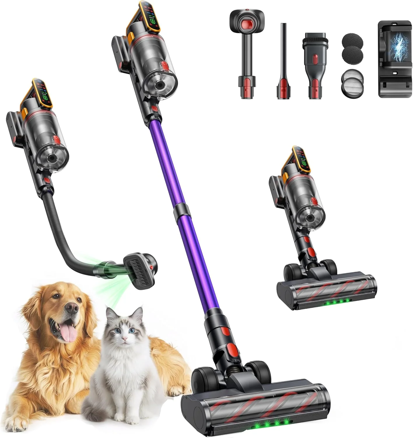 Aspirateur balai sans fil 55 kPa 650 W, autonomie de 70 min, avec brosse pour animaux, tuyau de 1 m, support de charge mural, mode automatique, écran tactile, autoportant, idéal pour les poils d'animaux, les tapis et la voiture, Ultra10