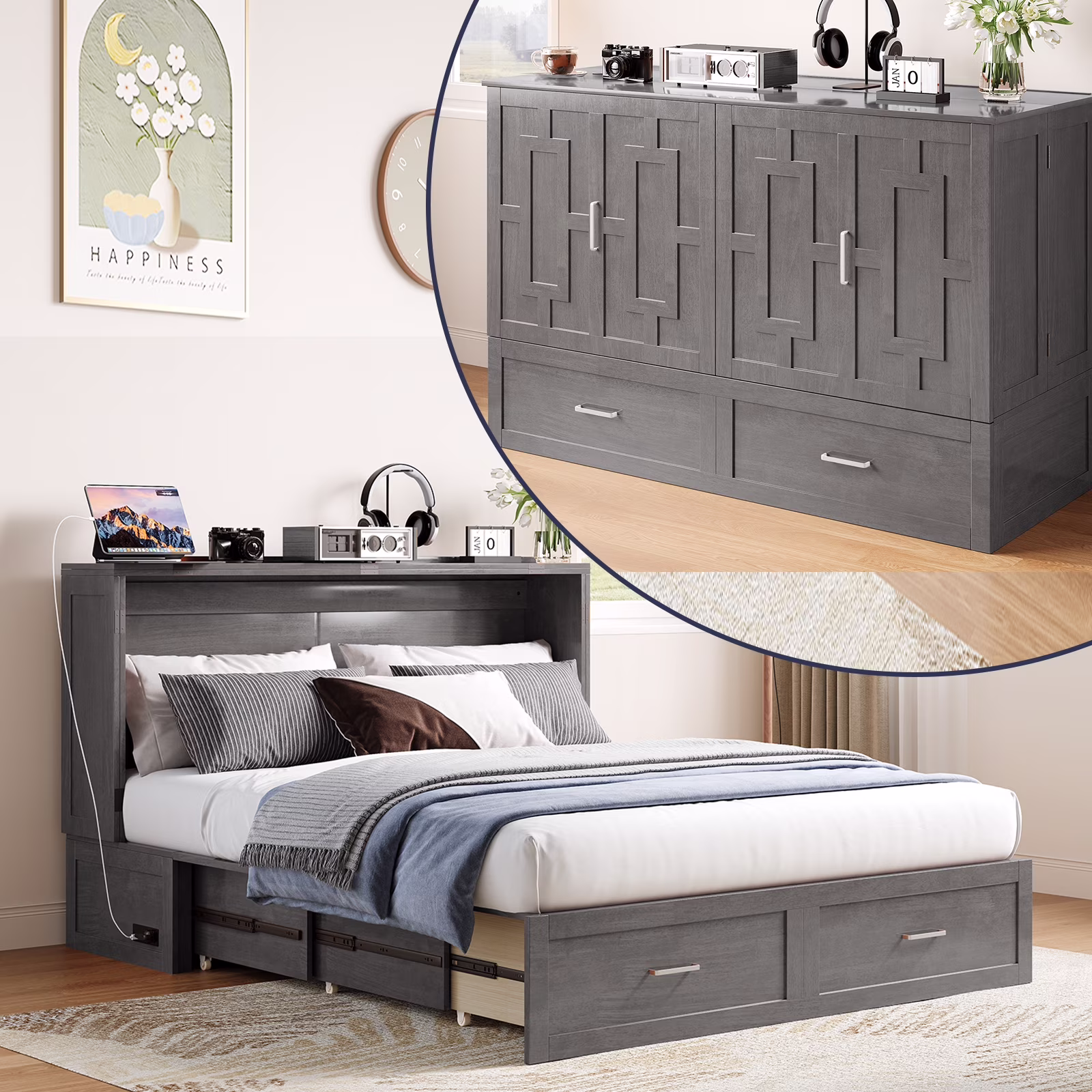 ZAFLY Murphy Bed with Trifold Foam Mattress, Cabinet Bed Has USB Charging Station, Convertible Bed with Storage Platform, Cabinet Chest Bed with Large Drawers for Living Room/Bedroom (Grey)