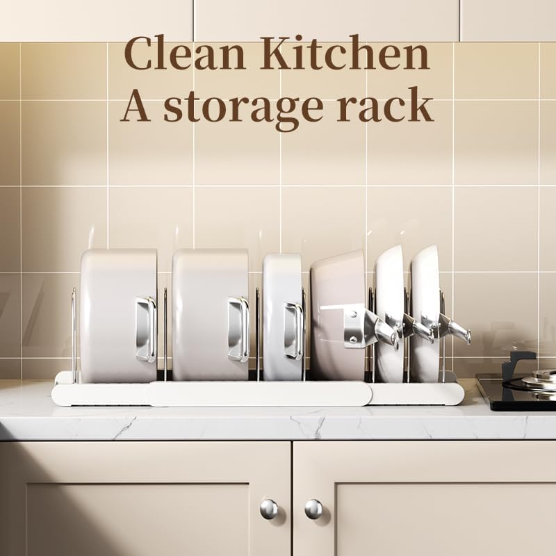 Pot Rack - Expandable Pan Organizer for Cabinet, Pot Lid Holder with 7 Adjustable Compartments for Kitchen Cabinet Cookware Baking Frying Rack, Apricot
