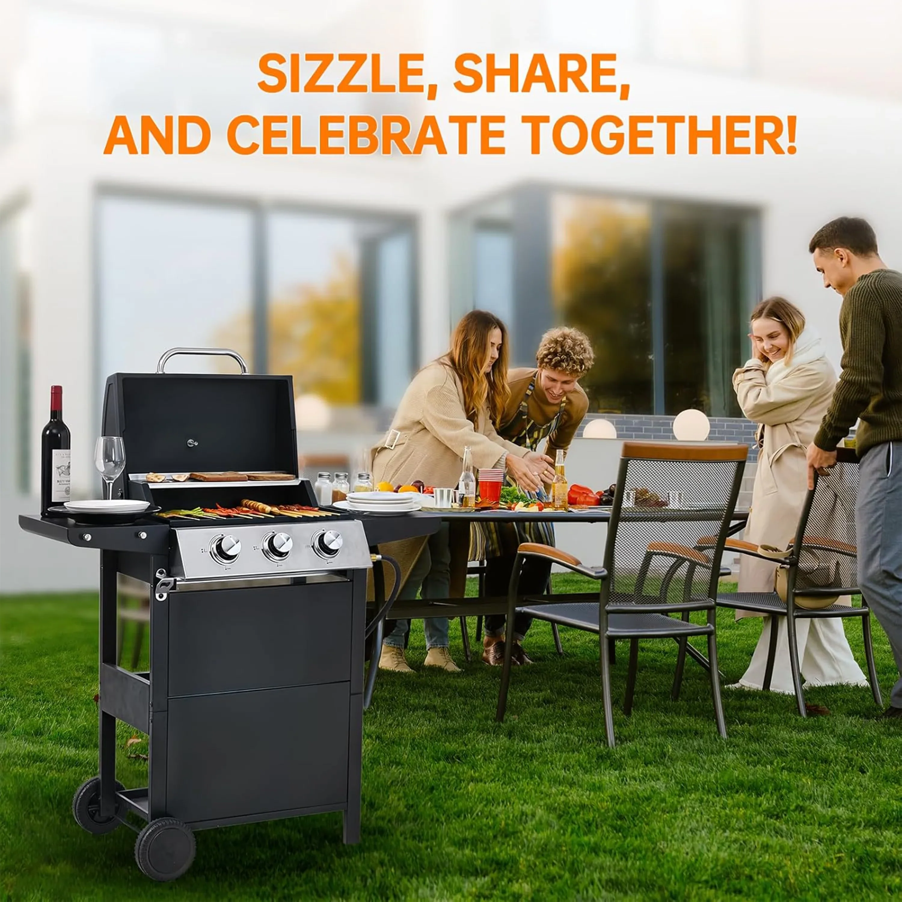 Furnibear 4 Burner BBQ Propane Gas Grill, Stainless Steel 34,000 BTU Patio Garden Barbecue Grill with Two Foldable Shelves