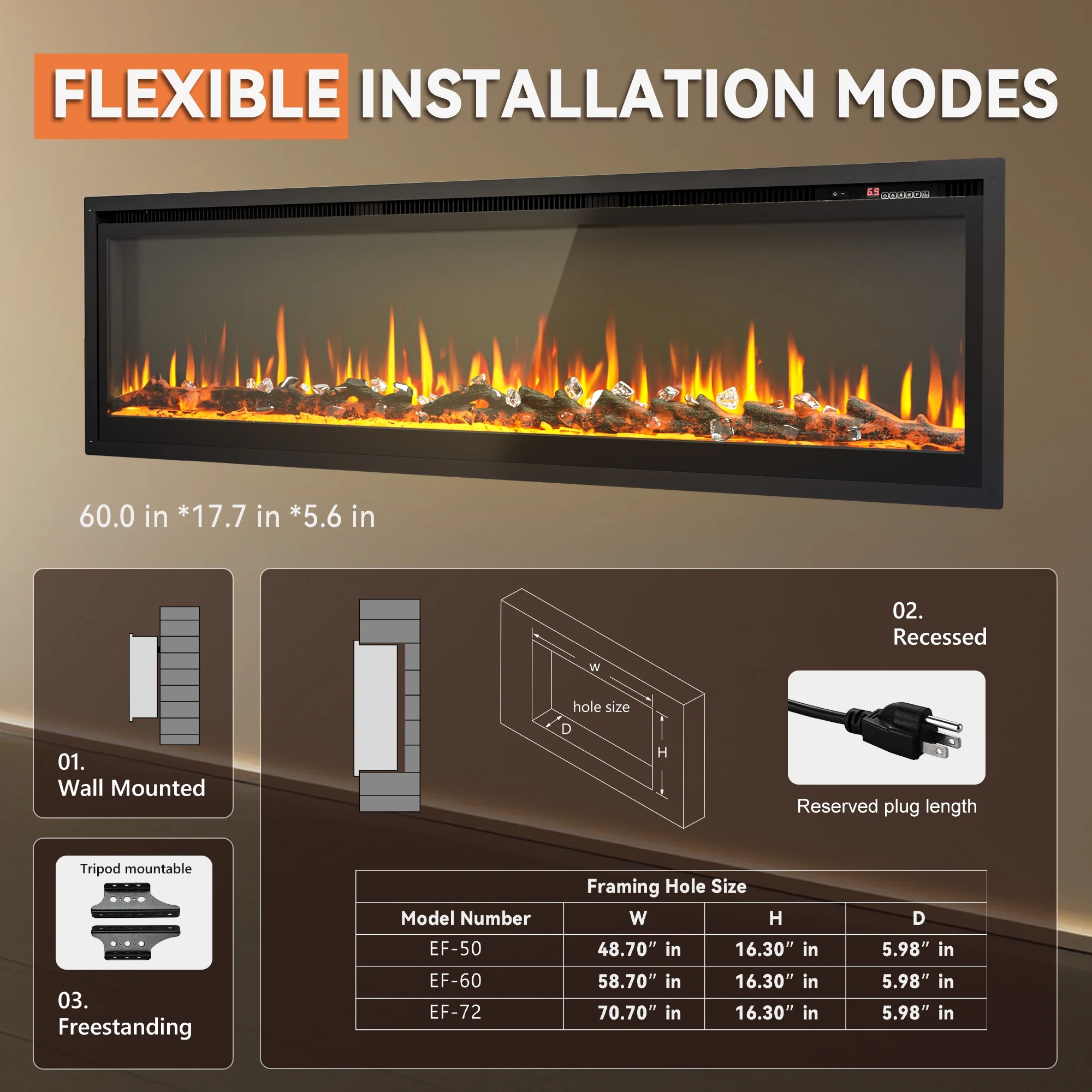 50 inch Indoor Electric Fireplace, Wall Mounted Recessed Freestanding Fireplace with Remote Control, Fireplace Heater with Adjustable Flame Color, Linear Fireplace with Timer(50") - Image 10