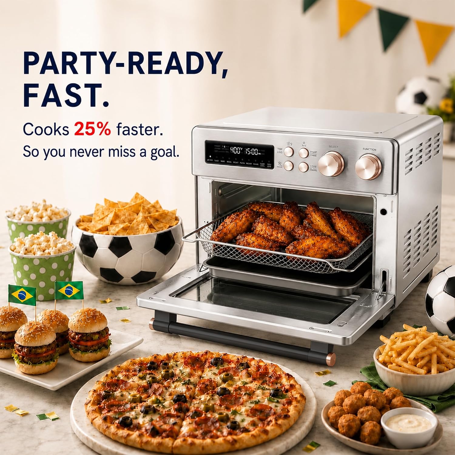 VAL CUCINA Infrared Heating 26.3 QT Air Fryer Toaster Oven, Large Countertop Convection Oven 10-in-1 Combo, 6-Slice Toast, Enamel Baking Pan Easy to Clean with Recipe Book, Brushed Stainless Steel Finish
